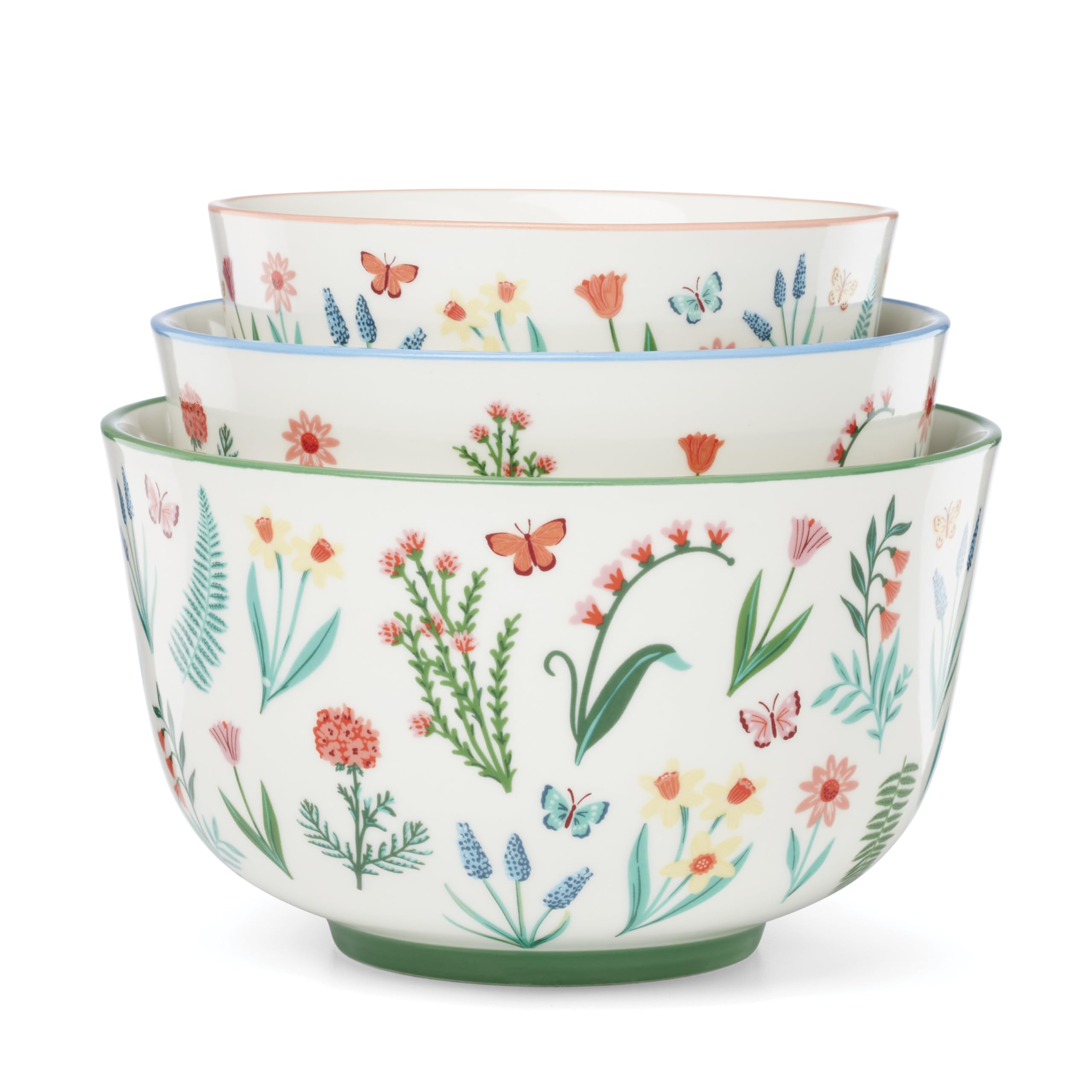 Oneida Serveware, First Blooms Nesting Bowls Set Of 3, Porcelain Material, Dishwasher & Microwave Safe, 19-oz, 30-oz, & 46-oz Se