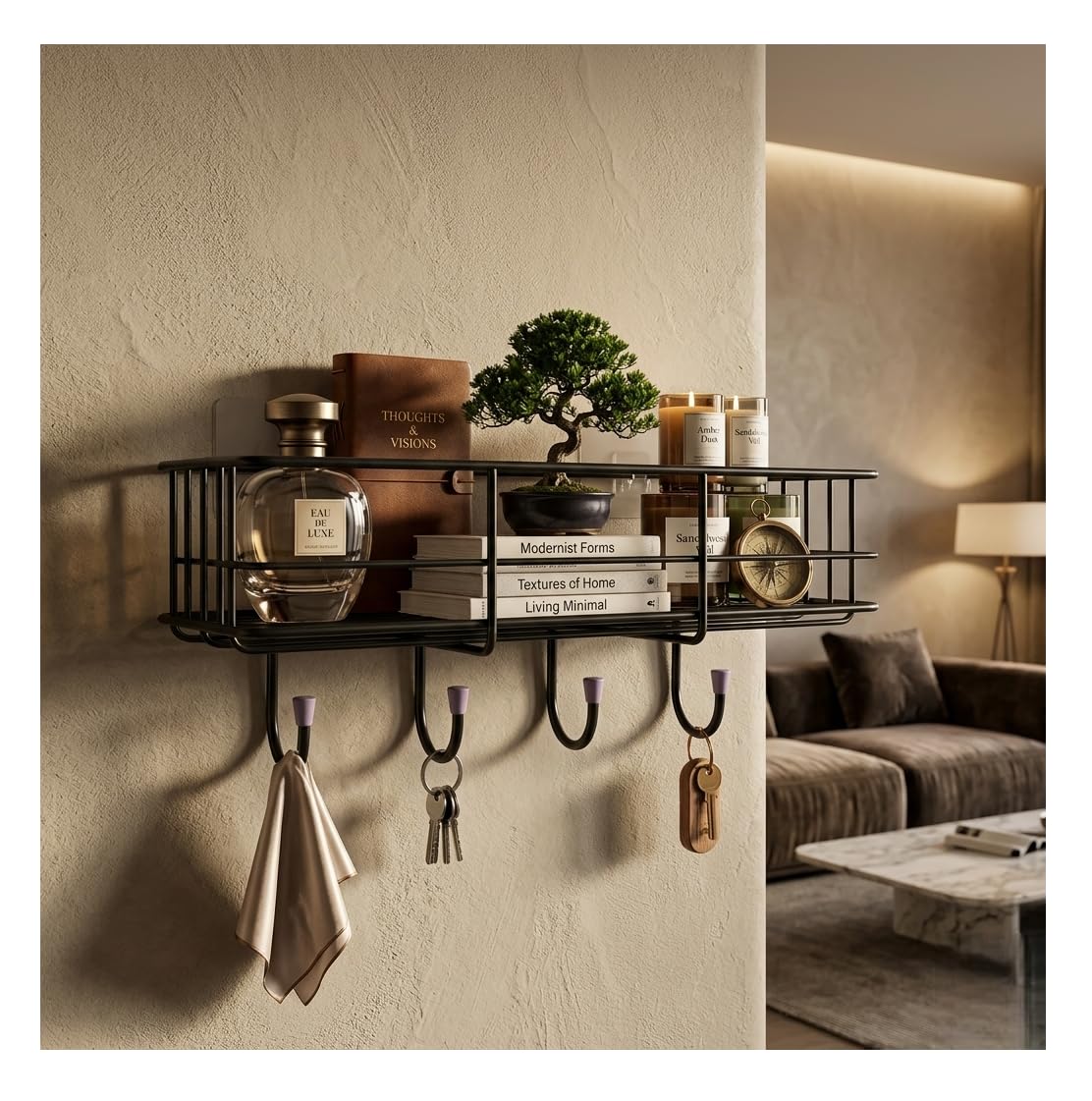 Alturas Wall Shelf With Hooks, Gi Steel, Self Adhesive, No Drill, Bathroom Organiser, (Set Of 1)