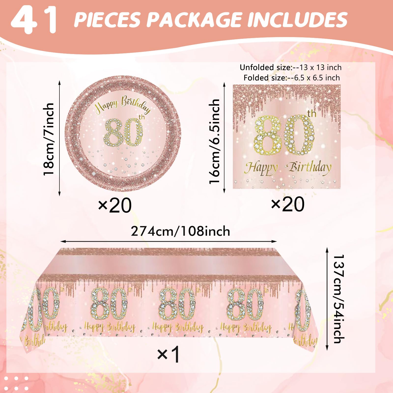 41Pcs 80Th Birthday Decorations, Rose Gold Birthday Party Supplies Include 20Pcs Plates 20Pcs Napkins And 1Piece Tablecloth, Swe