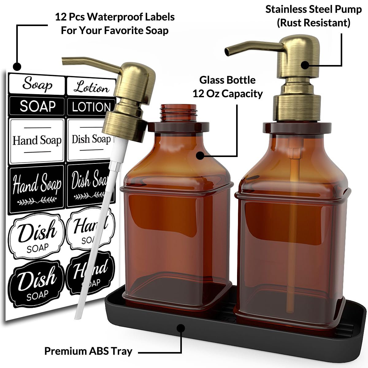 Lmqml Soap Dispenser - 2 Pack, Antique Design Thick Amber Glass Hand Soap Dispensers With Sturdy Tray; 304 Rust Proof Stainless