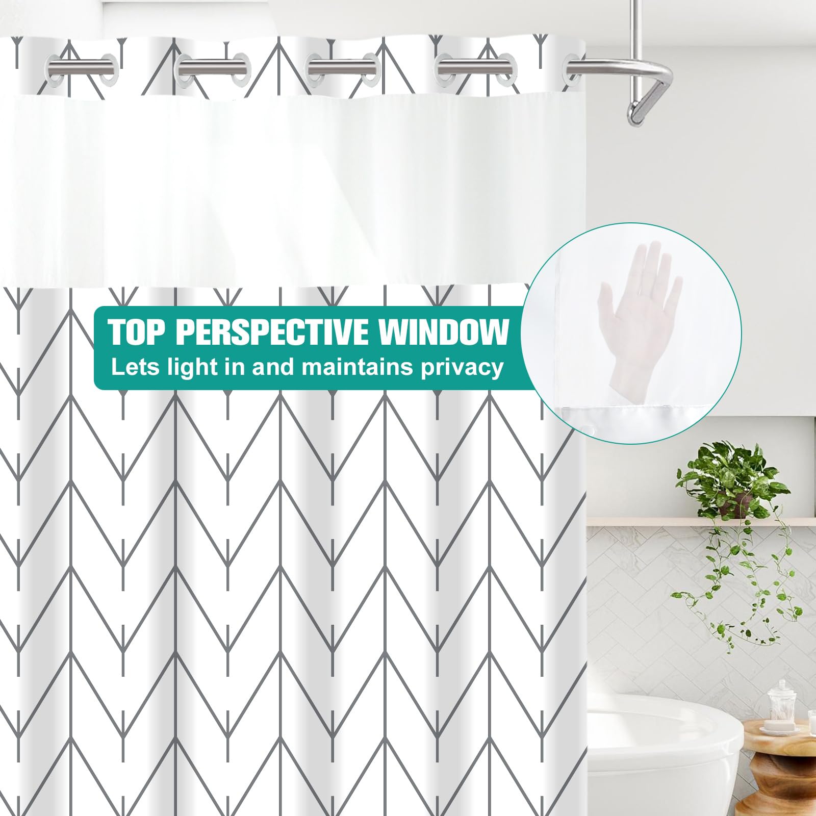 No Hook Geometric Striped Shower Curtain With Snap In Fabric Liner Set - Hotel Shower Curtain And Liner Set With See Through Mes
