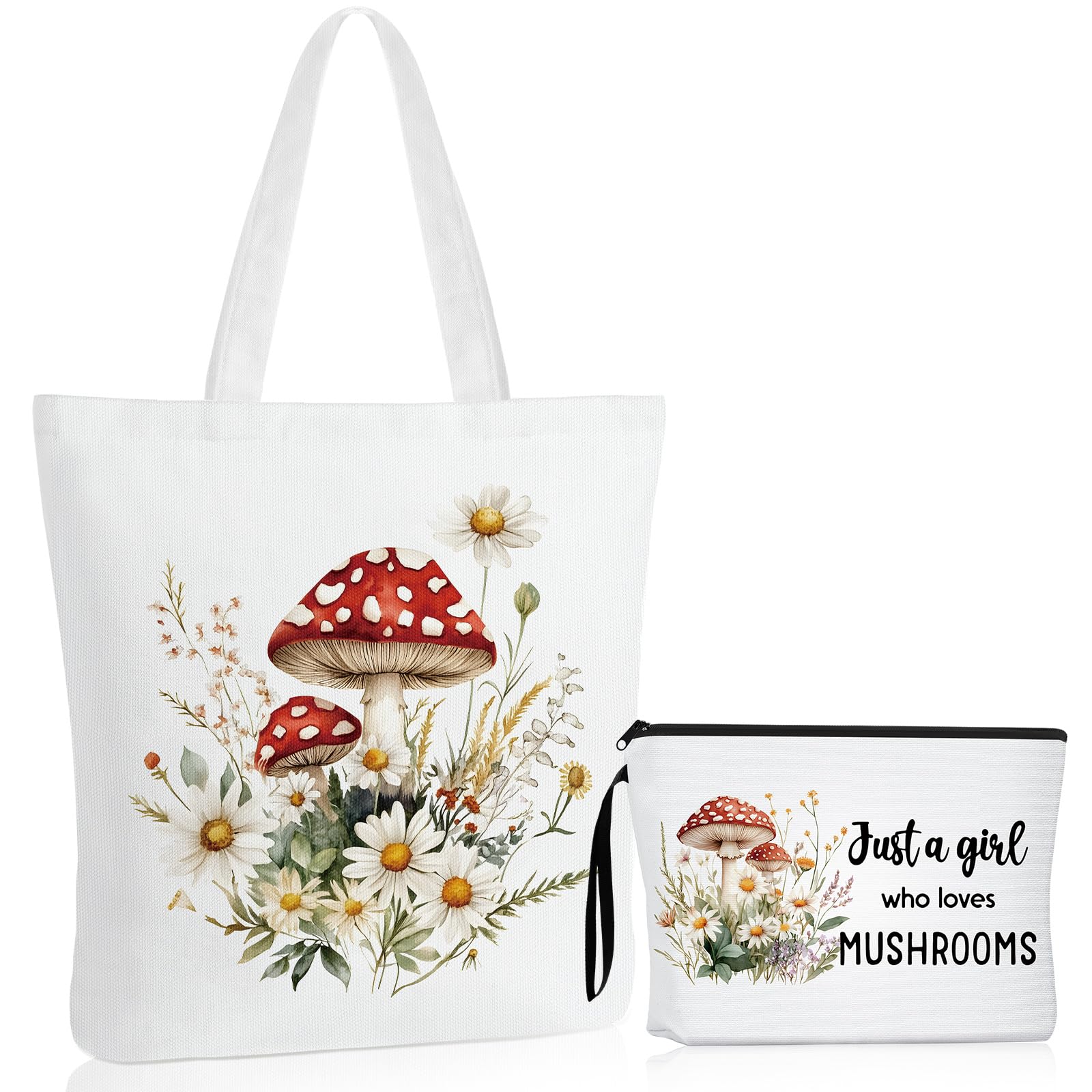 Sieral 2 Pcs Mushroom Gifts for Women Mushroom Lover Gifts Travel Cosmetic Bags Portable Makeup Zipper Pouch & Canvas Tote Bag f