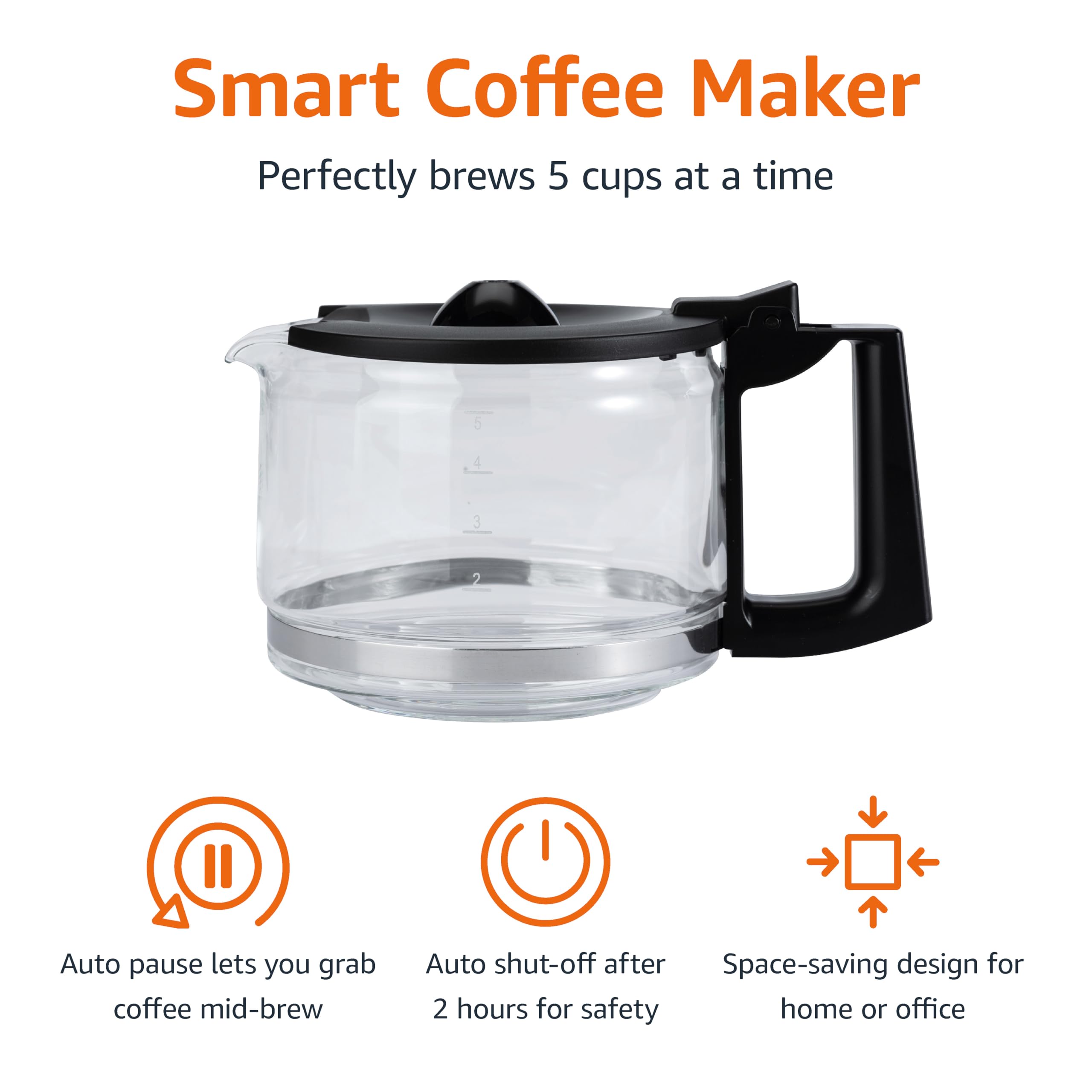 Amazon Basics 5 Cup Drip Coffee Maker, Coffee Machine with Glass Coffee Pot (0.8 Qt), Auto Shut-off, Auto Pause, Removable Filte