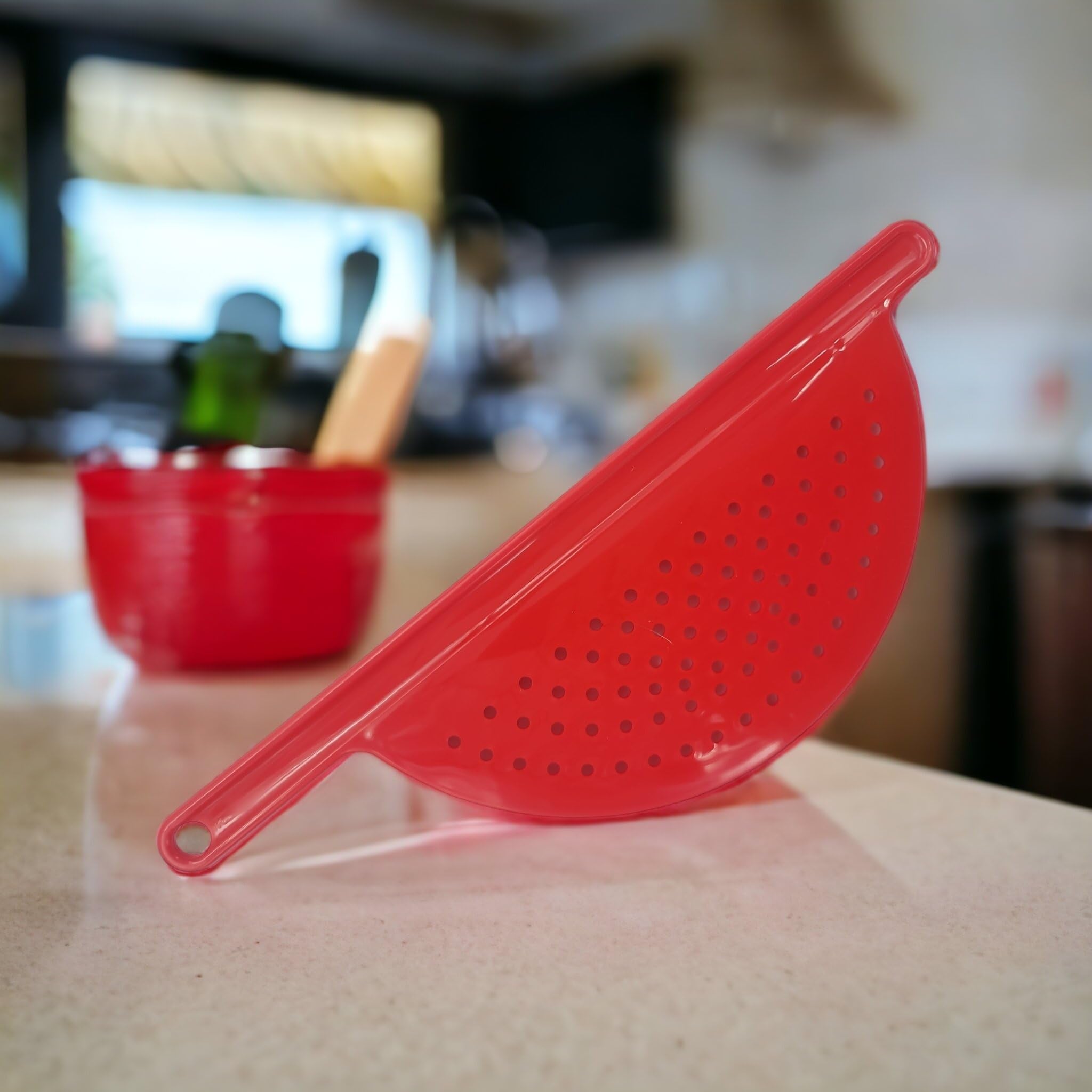 Handy Housewares Hand Held Plastic Pot Drainer, Pasta Noodle Veggie Strainer With Handle - Fits Up To 9'' Pot - Red