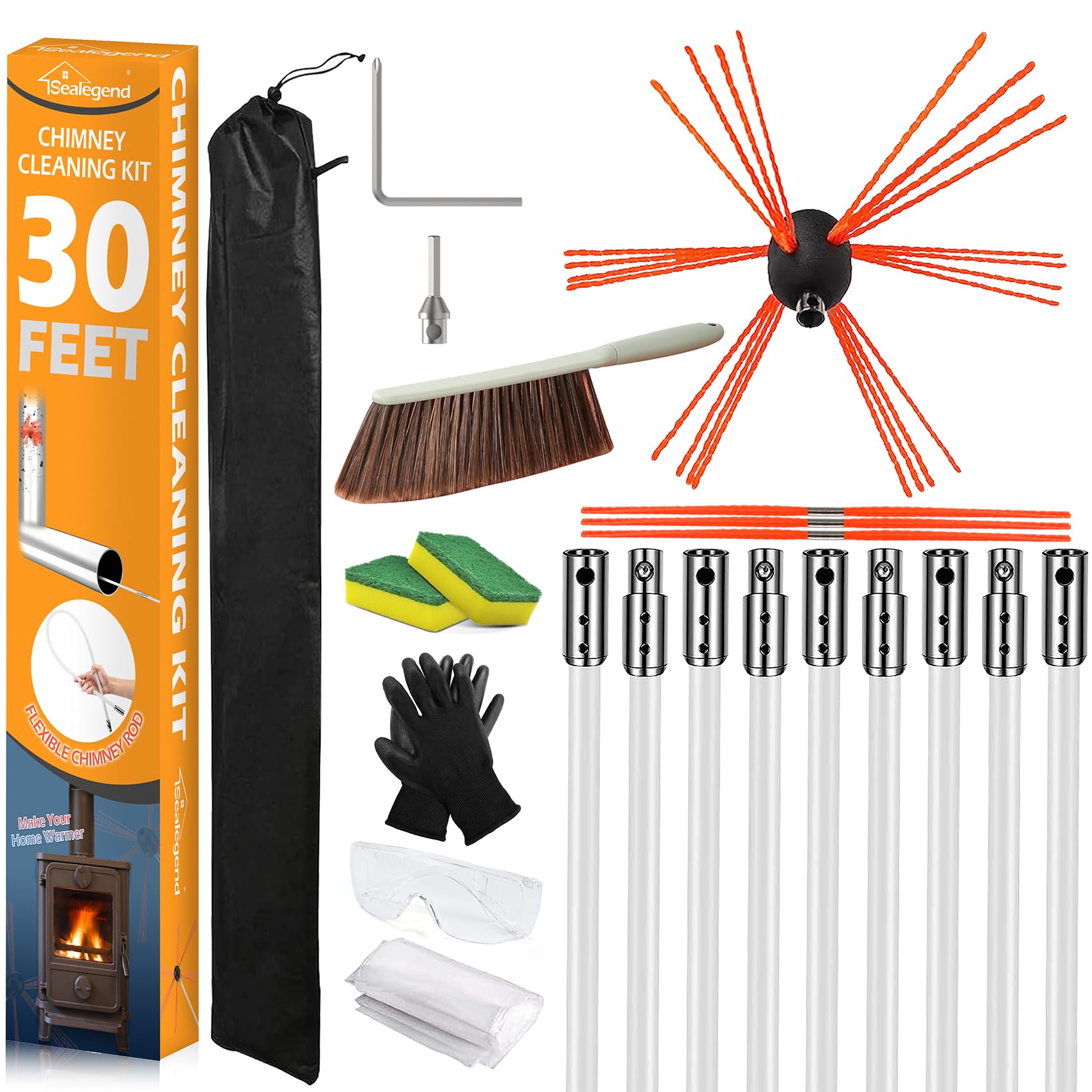 Sealegend 30 Feet Chimney Sweep Kit Chimney Brush Chimney Cleaning Kit And Rotary Chimney Cleaning System Fireplace Brush Tool W