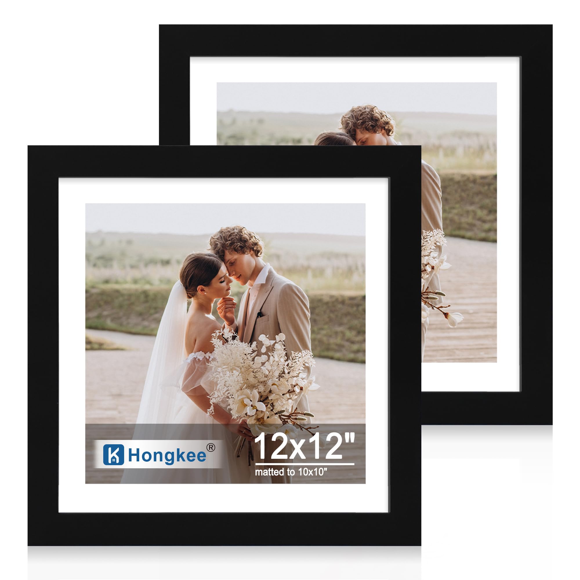 Hongkee 12x12 Picture Frame Set of 2, Made of Real Glass and Black Wooden Frame - Display Square 10x10 with Mat or 12x12 Without