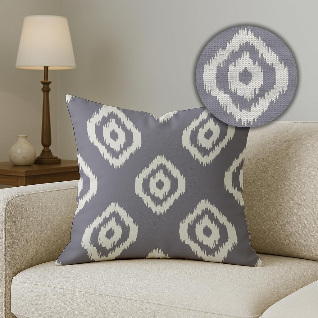 Stitchnest Grey Geometrical Ikat Ethnic Printed Poly Cotton Cushion Covers, Grey Set Of 5 (12 X 12 Inches With Fillers)
