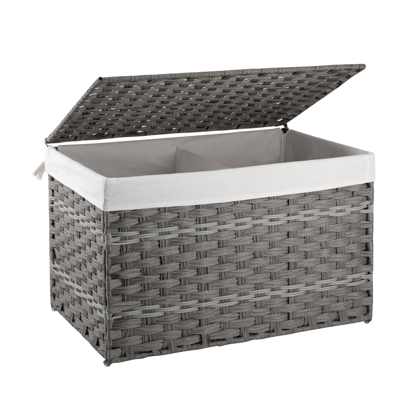 Oiahomy Storage Basket With Lid, 27.7 Gallon (105L) Blanket Basket With Removable Liner Bag, Synthetic Wicker Basket With Handle