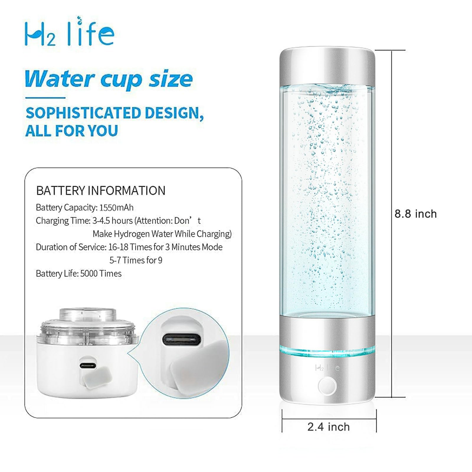 H2 Life Hydrogen Sport Water Bottle, Professional Hydrogen-Rich Water Generator With Spe And Pem, 320Ml 5000Ppb Dual Mode Hydrog
