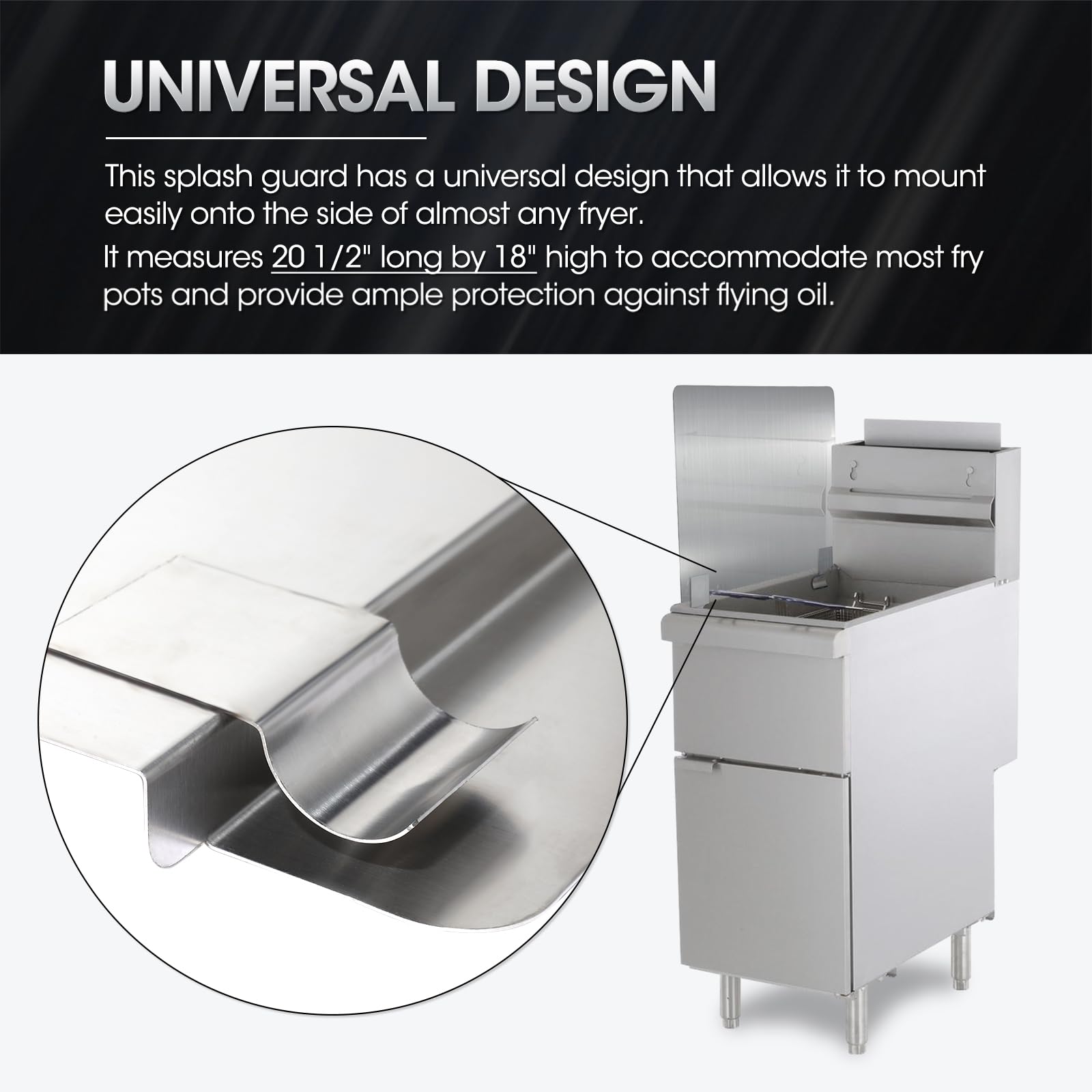Zipcase Stainless Steel 20-1/2'' W X 18'' H Universal Side Fryer Splash For Commercial Fryers Fitting 0.5'' - 1'' Side, Pack Of