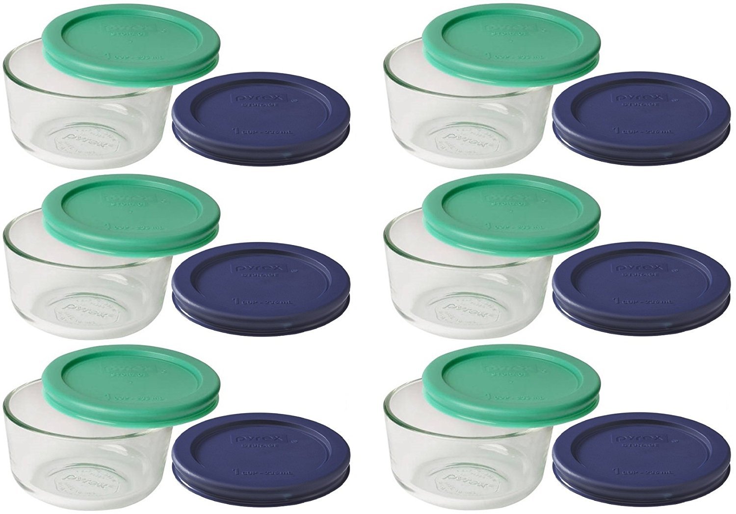 Pyrex Storage 1 Cup Round Dish, Clear With Green + Blue, Pack Of 6, Lids