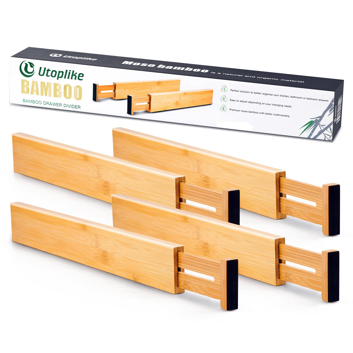 Utoplike 4 pcs Bamboo Kitchen Drawer Dividers(166-217IN),Adjustable Drawer Organizers,Spring Loaded,Works in Kitchen,Dresser,Bat