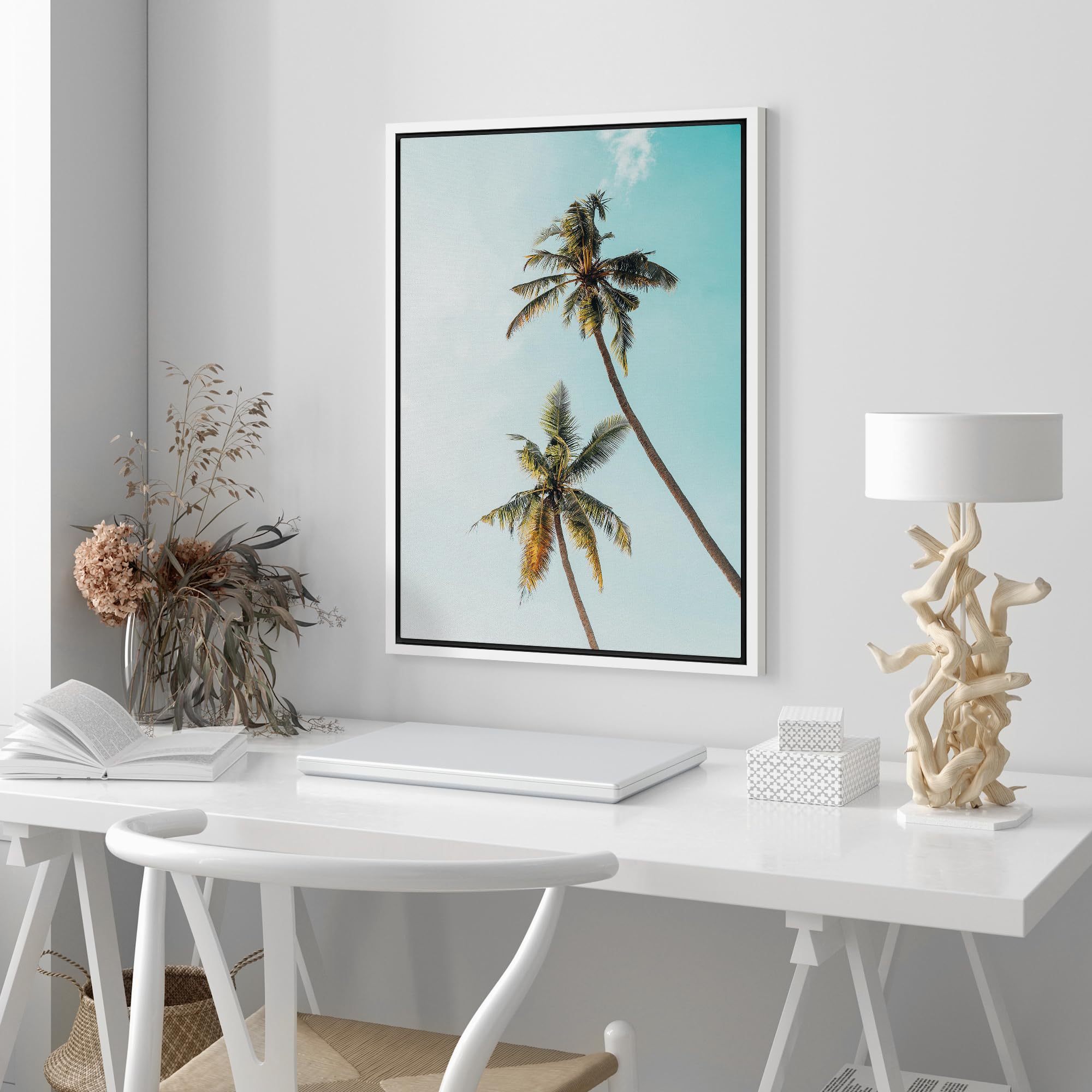 Wall26 Framed Canvas Print Wall Art Duo Of Palm Trees With Teal Skyline Nature Wilderness Photography Modern Art Rustic Scenic C