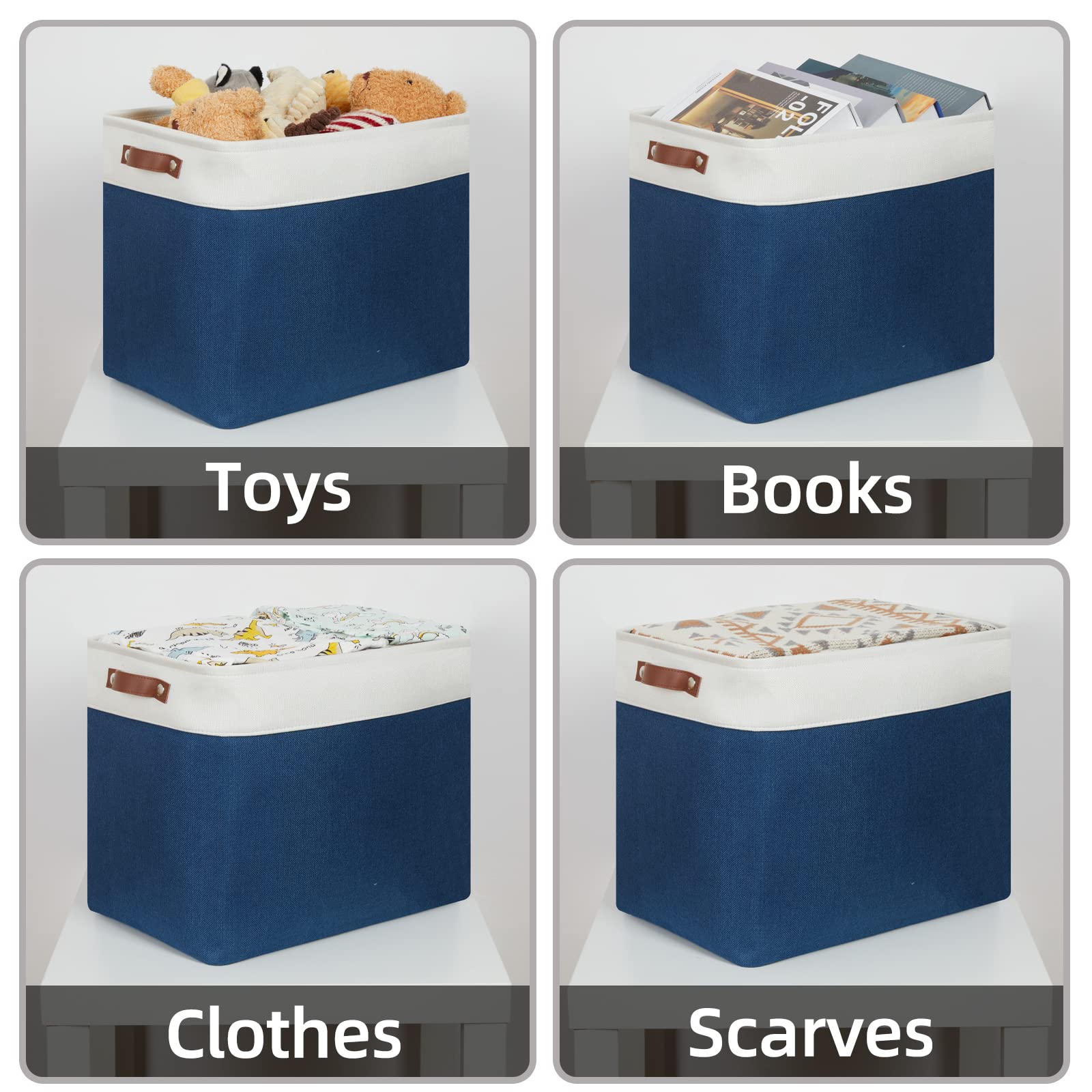 Hnzige Storage Baskets For Organizing, Set Of 2, Foldable Storage Bins Navy Blue Tall Baskets For Shelves, Canvas Collapsible St