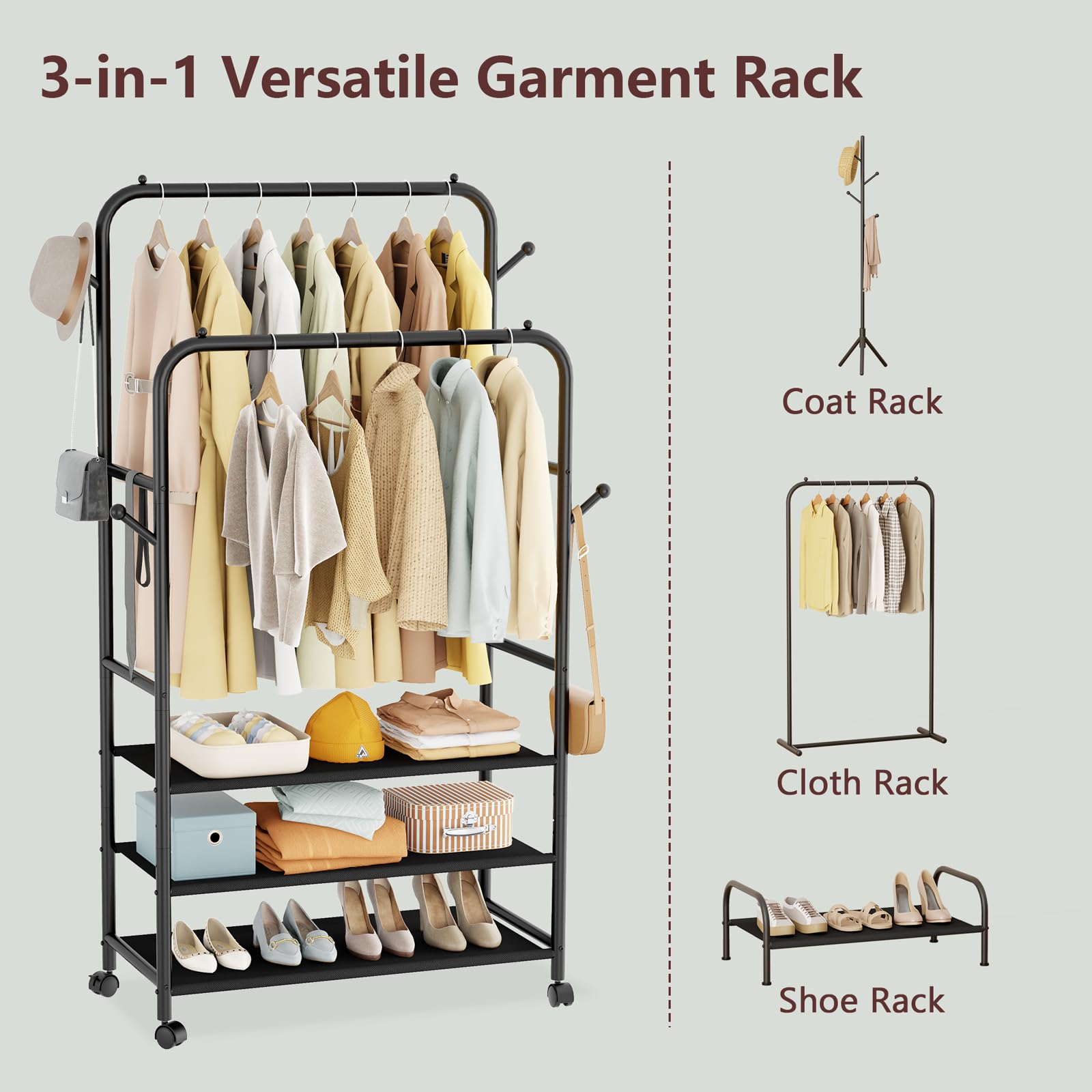 Furologee Double Rods Clothing Rack With Wheels And 3-Tier Storage Shelf, Clothes Rack For Hanging Clothes With 4 Hooks, Portabl