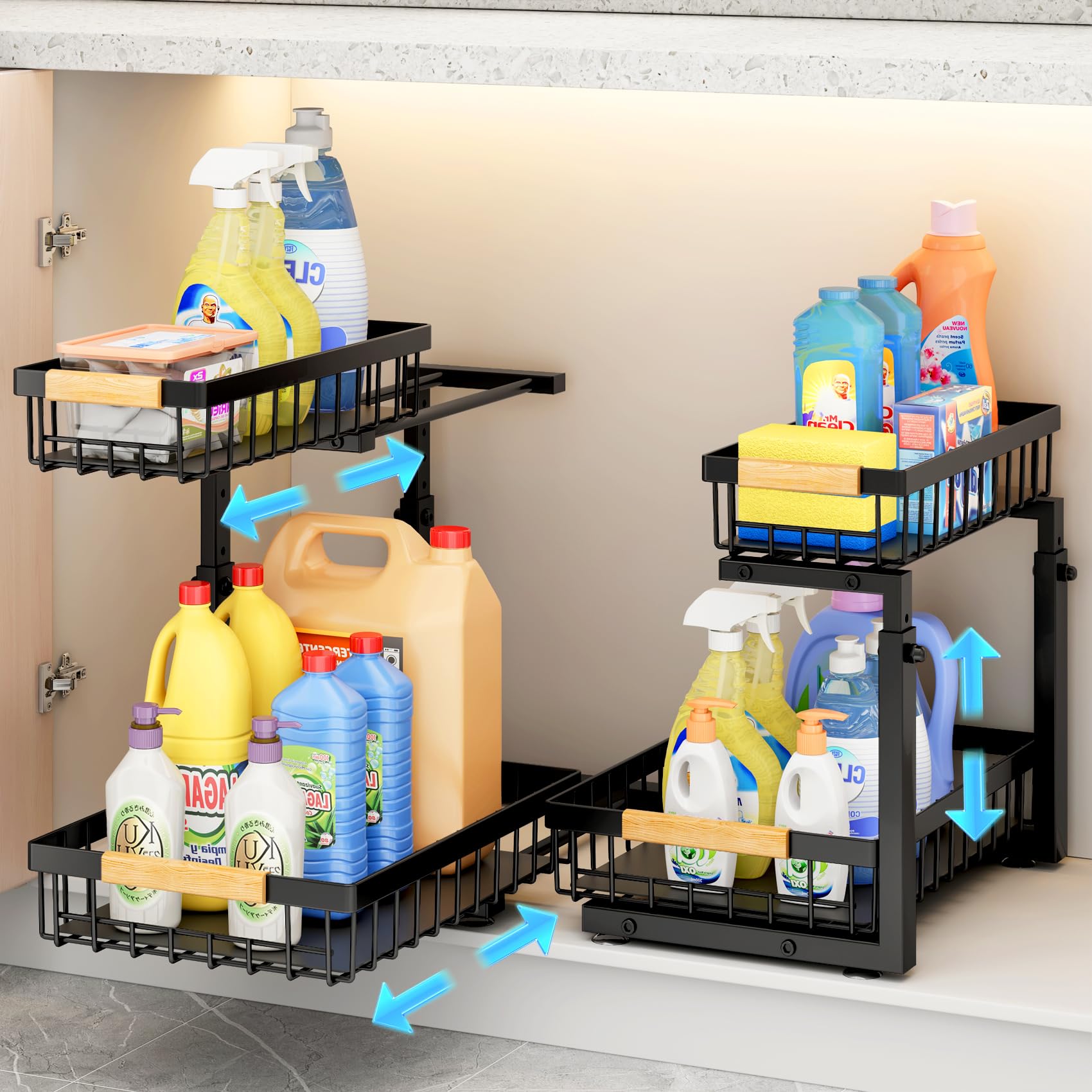Under Sink Organizer, 2 Packs 2 Tier Under Sink Organizers And Storage, Slide Out Pull Out Cabinet Organizer Shelf, Metal Slidin