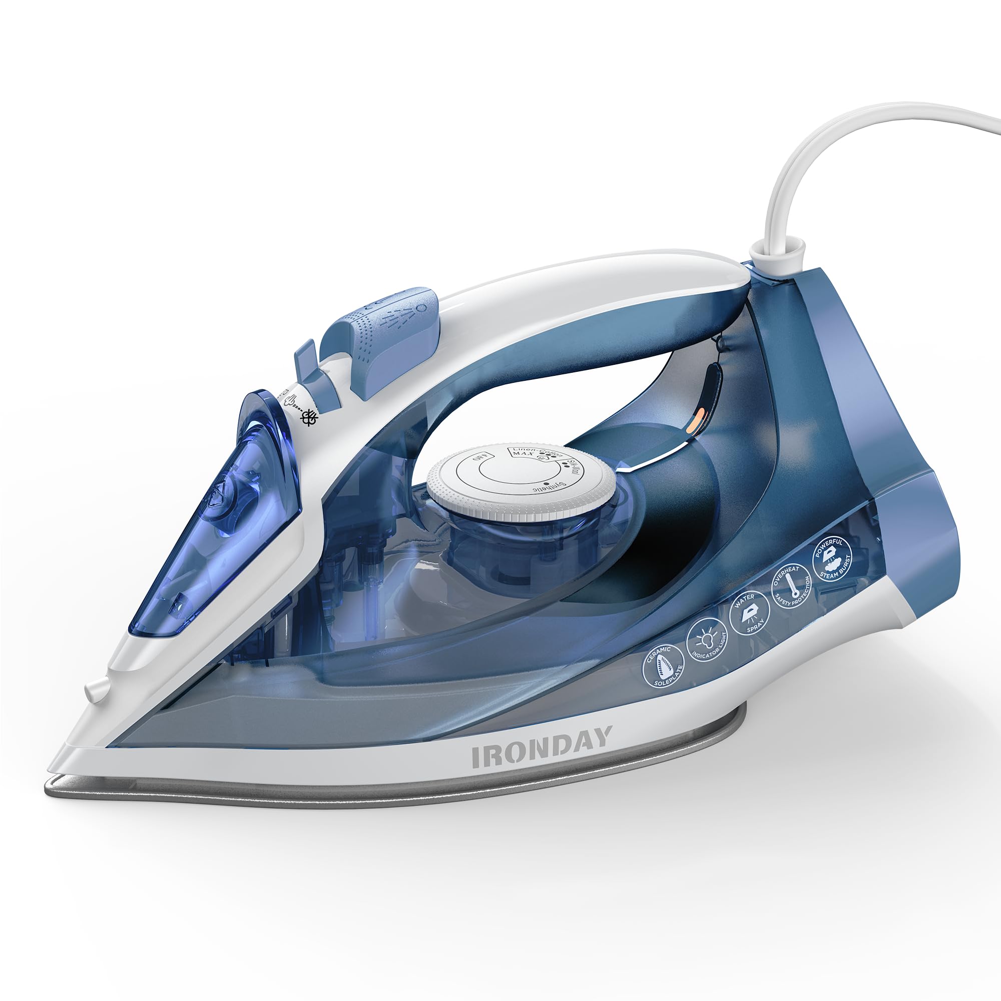 1200W Steam Iron For Clothes, Fast Heating, Iron With Ceramic Coating Soleplate, Adjustable Thermostat Dial, Self-Cleaning, Spra