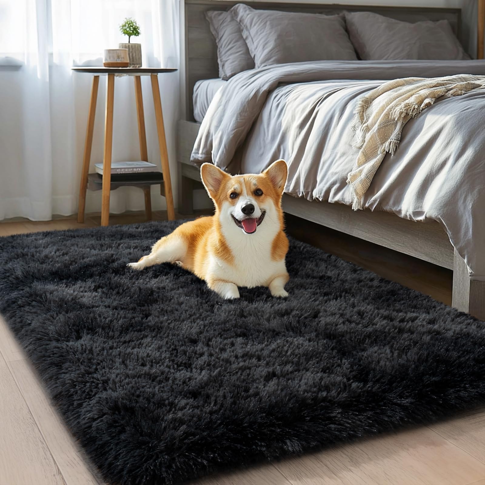 qulint 2x3 Black Grey Rug for Bedroom, Fluffy Small Area Rug for Living Room Soft Shag Fuzzy Bedroom Carpet, Shaggy Modern Alfom