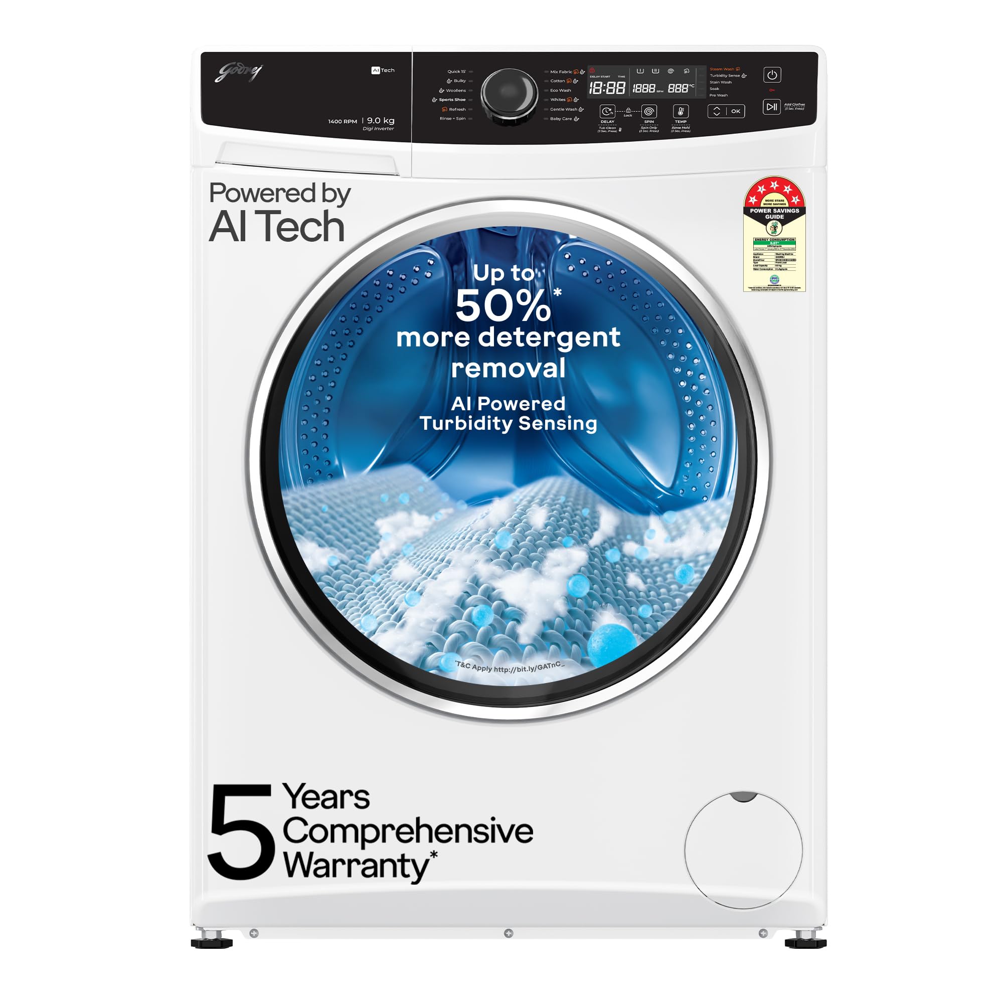 Godrej 9 Kg 5 Star Ai Powered, Steam Wash, Digi Inverter Motor, Steam Wash, 1400 Rpm Spin Motor, Add To Wash, Fully Automatic Fr