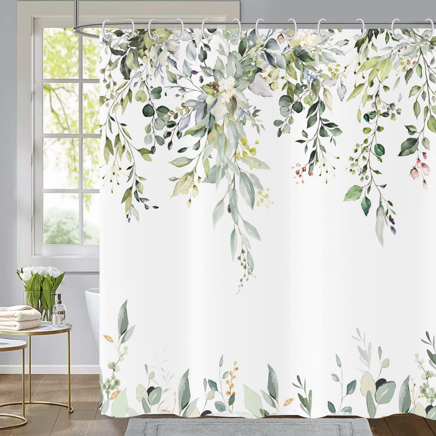 Caheansi Sage Green Eucalyptus Leaves Shower Curtain, Green And Gold Leaves Spring Botanical Plants Bathroom Curtain Waterproof