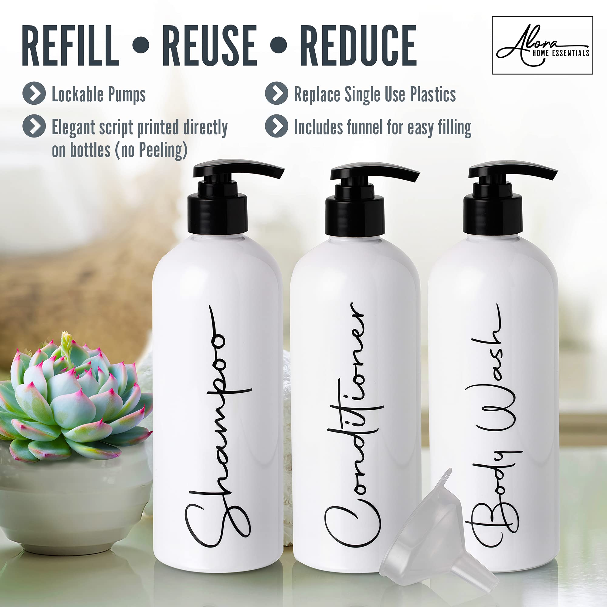 Alora 16Oz Refillable Shampoo And Conditioner Dispenser Bottles - Set Of 3 - Pump Bottle Dispenser For Shampoo, Conditioner, Bod
