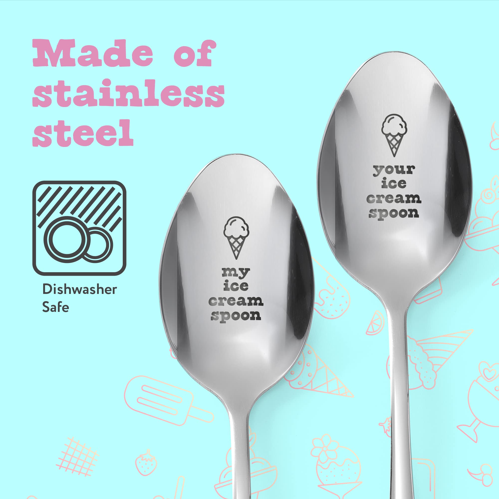 Impresa [2 Pack] Mine And Yours Ice Cream Spoons - Long Handled Engraved Ice Cream Spoon - Durable Stainless Steel Couple Of Spo