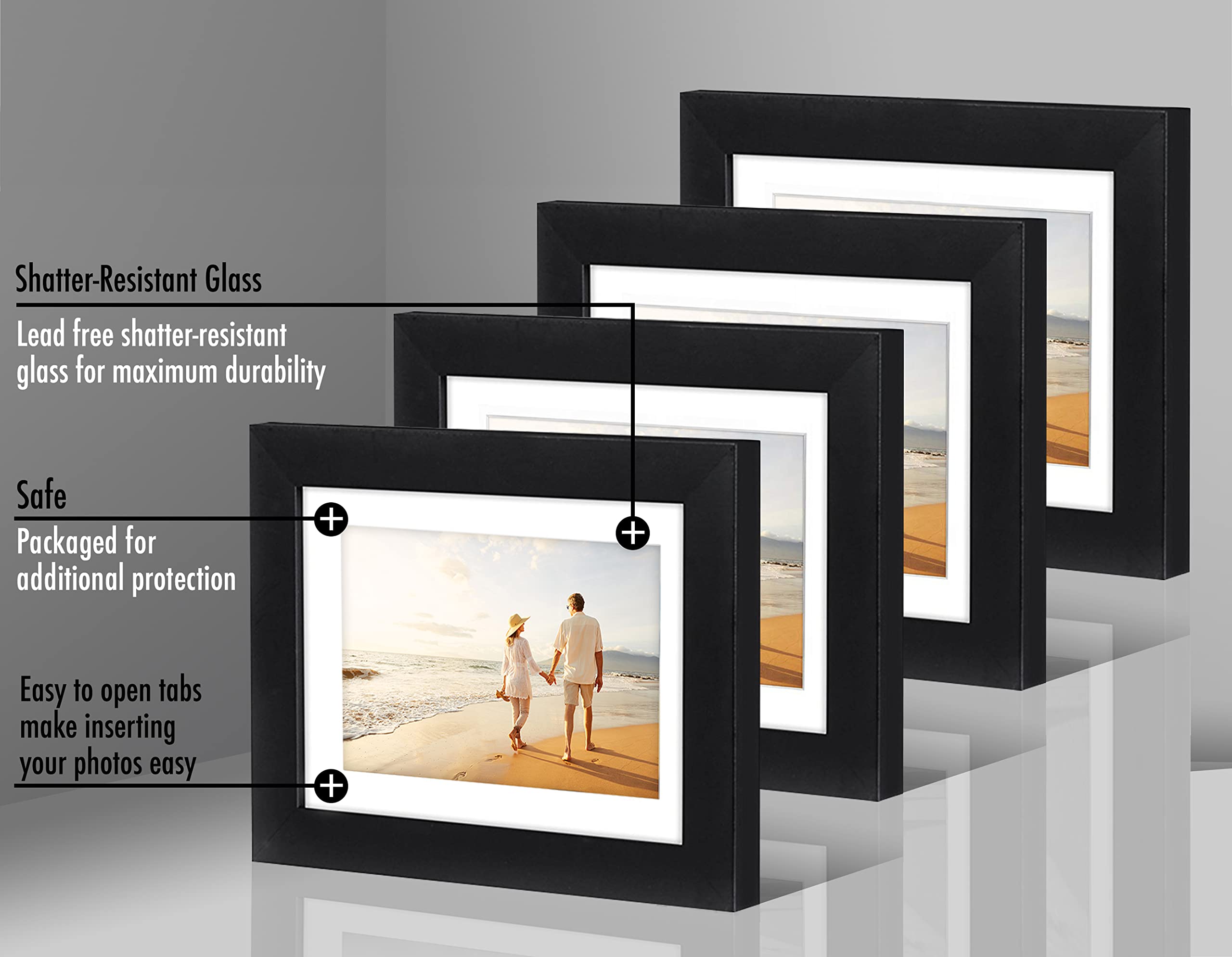 Americanflat 5x7 Picture Frame with Shatter-Resistant Glass - Set of 4 - Use as 4x6 Frame with Mat or Display 5x7 Photo Without