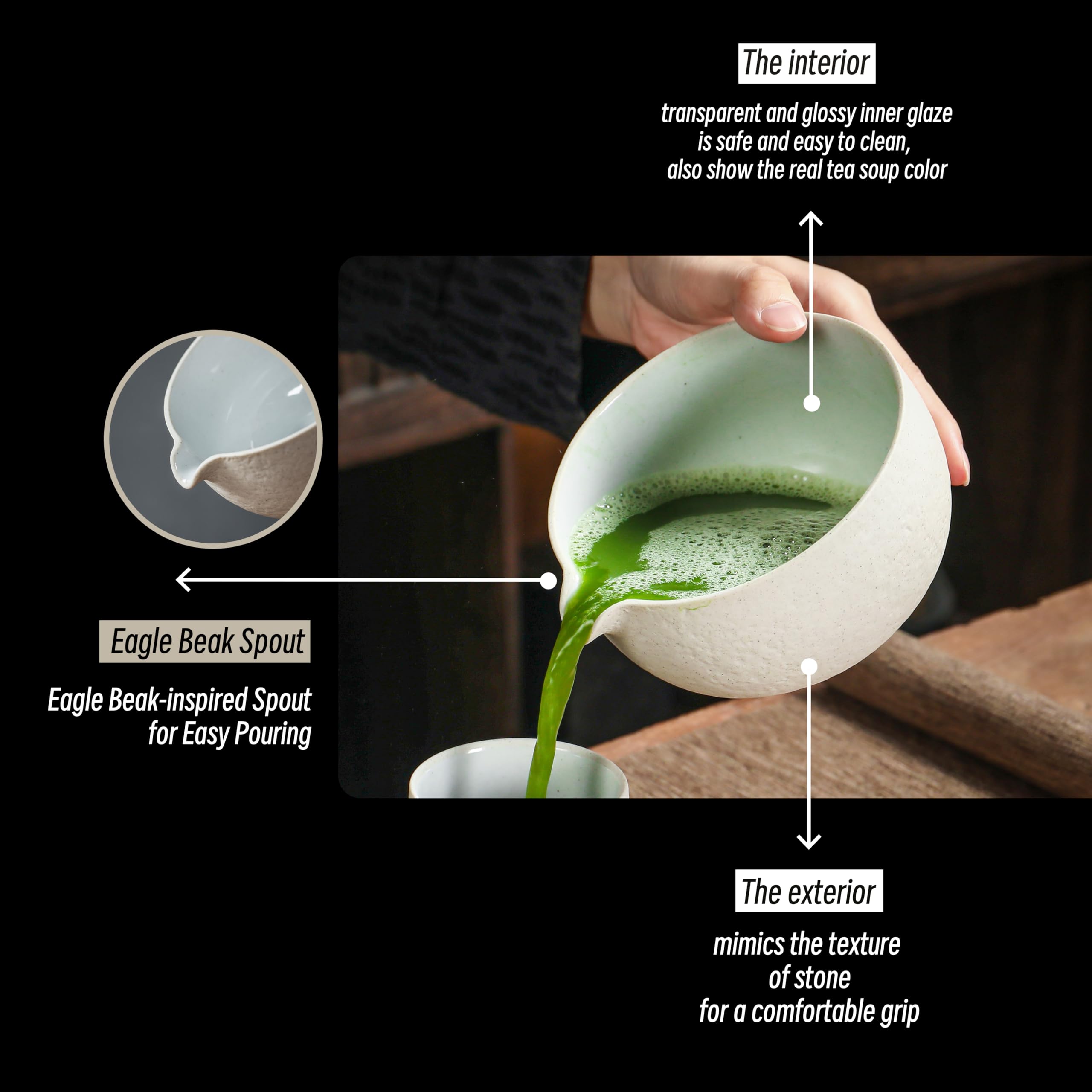 Teanagoo Japanese Natural Rock Texture Matcha Chawan (Pouring Spout) With Whisk Rest, 18 Oz, K13, Lt. Grey, Matcha Tea Bowl, Cer