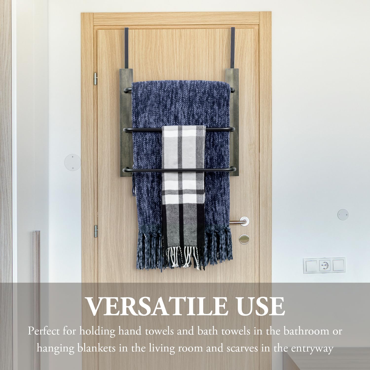 Mygift Modern Over The Door Towel Rack In Vintage Gray Solid Wood And 3 Tier Matte Black Metal Bars, Space Saving Bathroom Stora