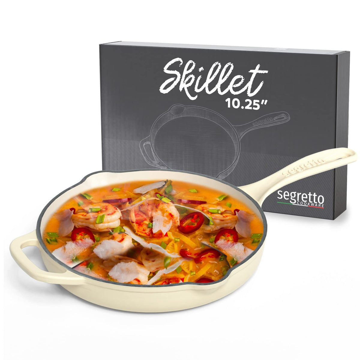 Segretto Cookware Enameled Cast Iron Skillet, 10.25-In Bianco Perla (Off-White) Enamel Skillet Pan, No Seasoning Required And Ca