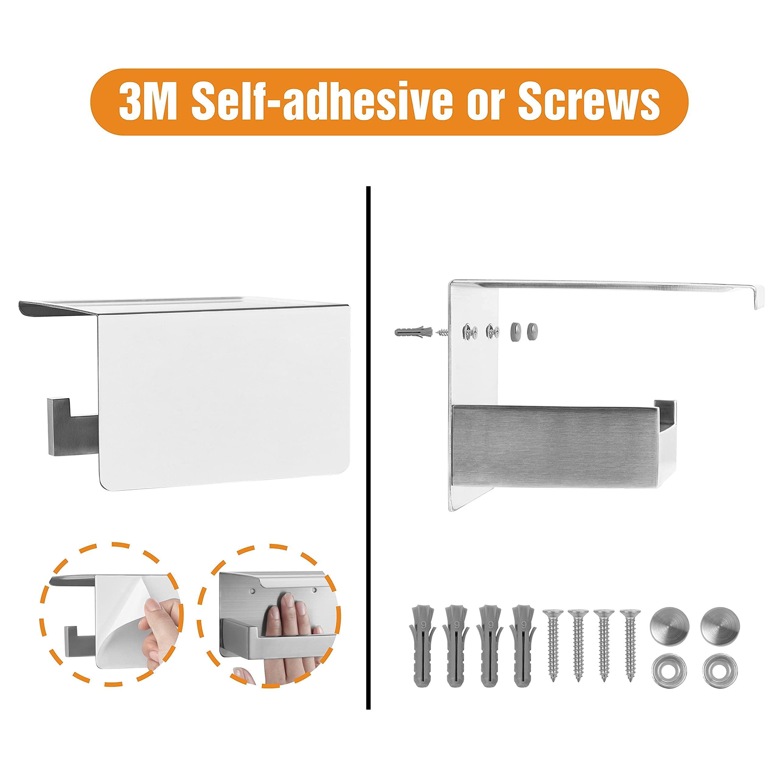 Hitslam Brushed Nickel Toilet Paper Holder, Stick On Silver Toilet Paper Holder With Shelf, Self Adhesive No Drill Or Wall-Mount