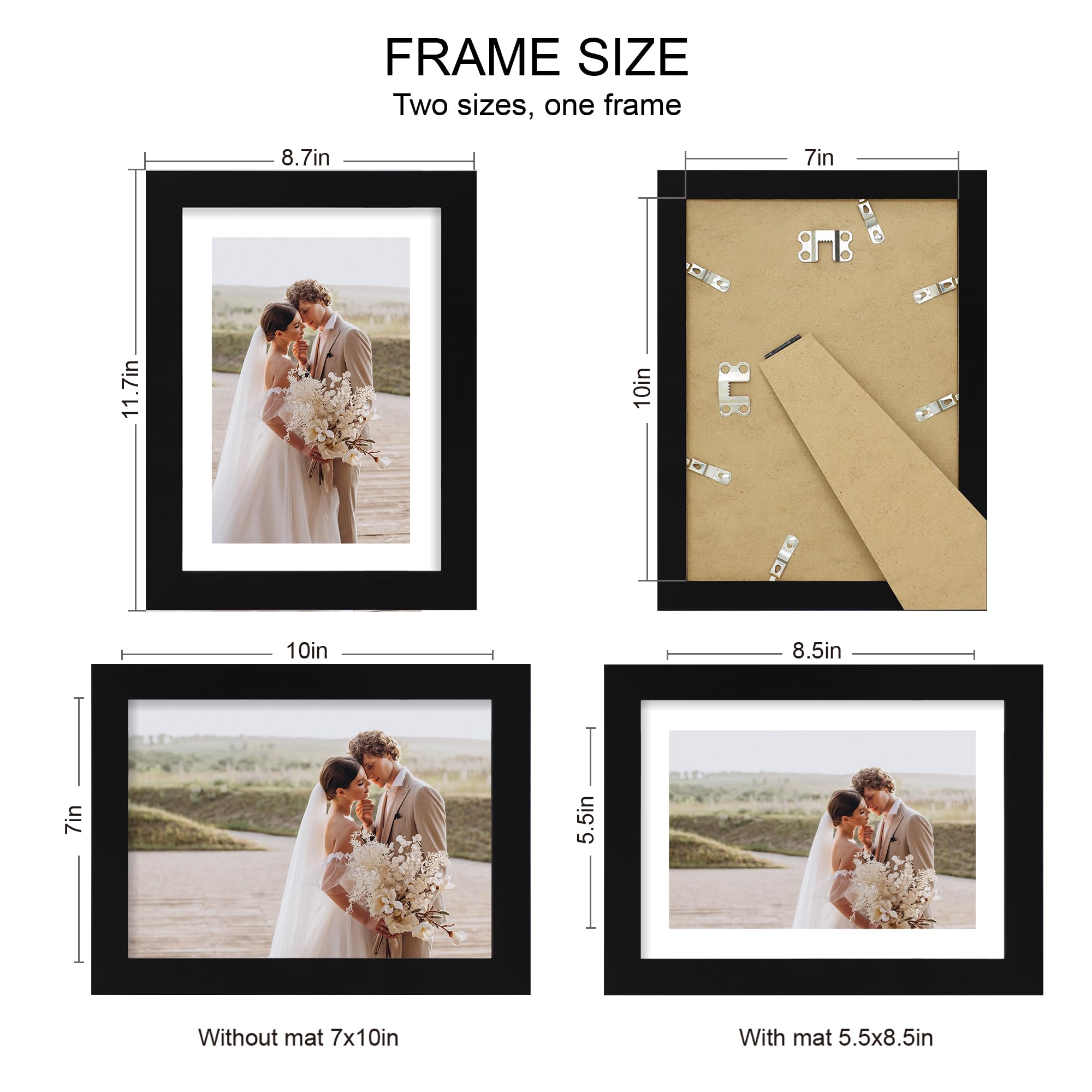 Hongkee 7x10 Picture Frame Set of 4, Made of Real Glass and Black Frame - Display Picture 5.5x8.5 with Mat or 7x10 Without Mat,