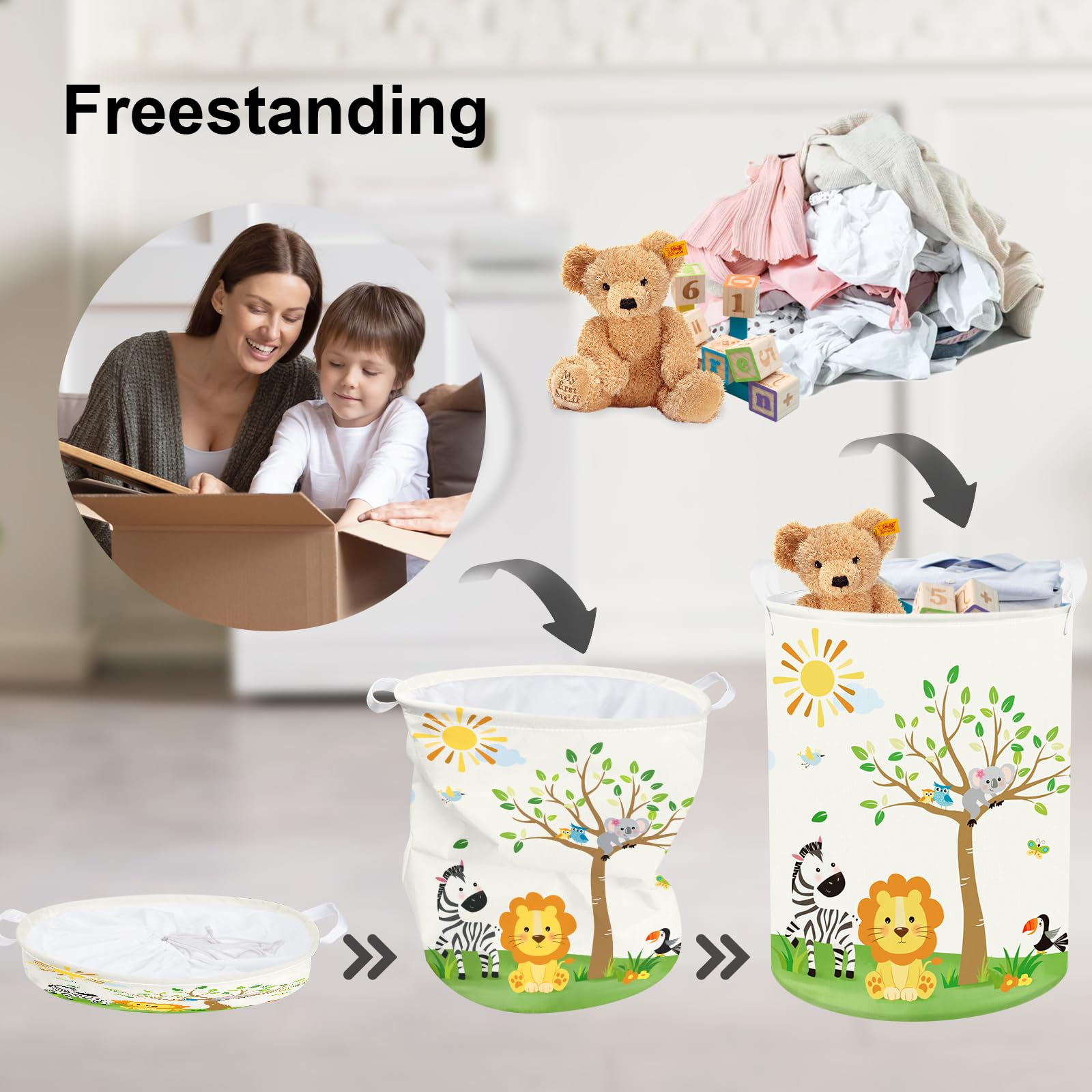 Clastyle 63L Large Jungle Animal Tree Kid Laundry Hamper With Handle Boy Girl Bedroom Bathroom Nursery Collapsible Clothes Toy S