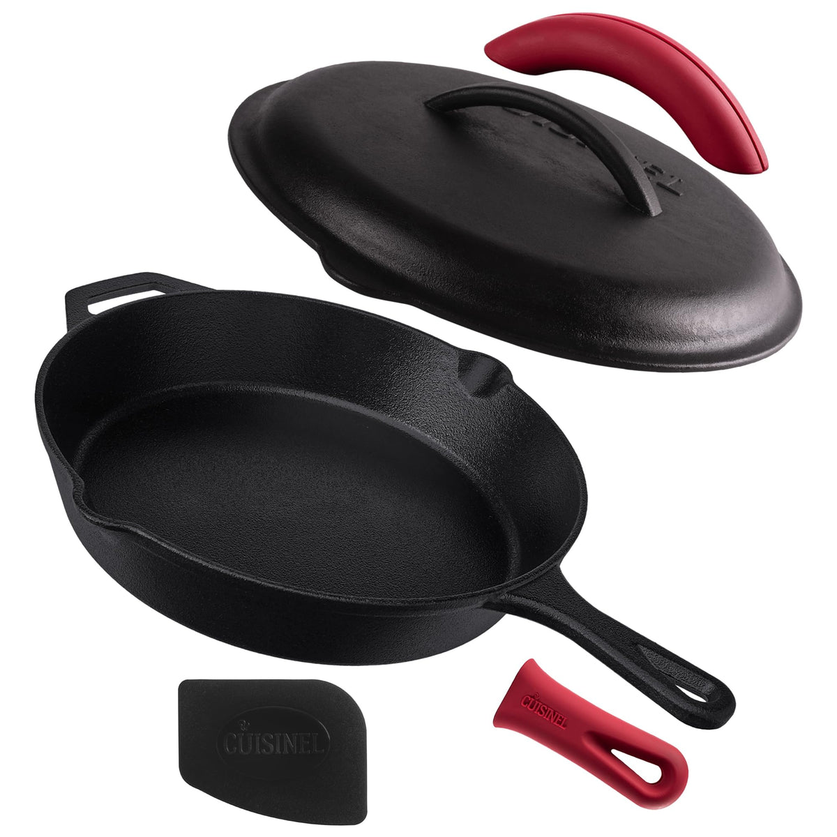 Cuisinel Cast Iron Skillet With Lid - 12''-Inch Pre-Seasoned Covered Frying Pan Set + Silicone Handle & Lid Holders + Scraper/Cl