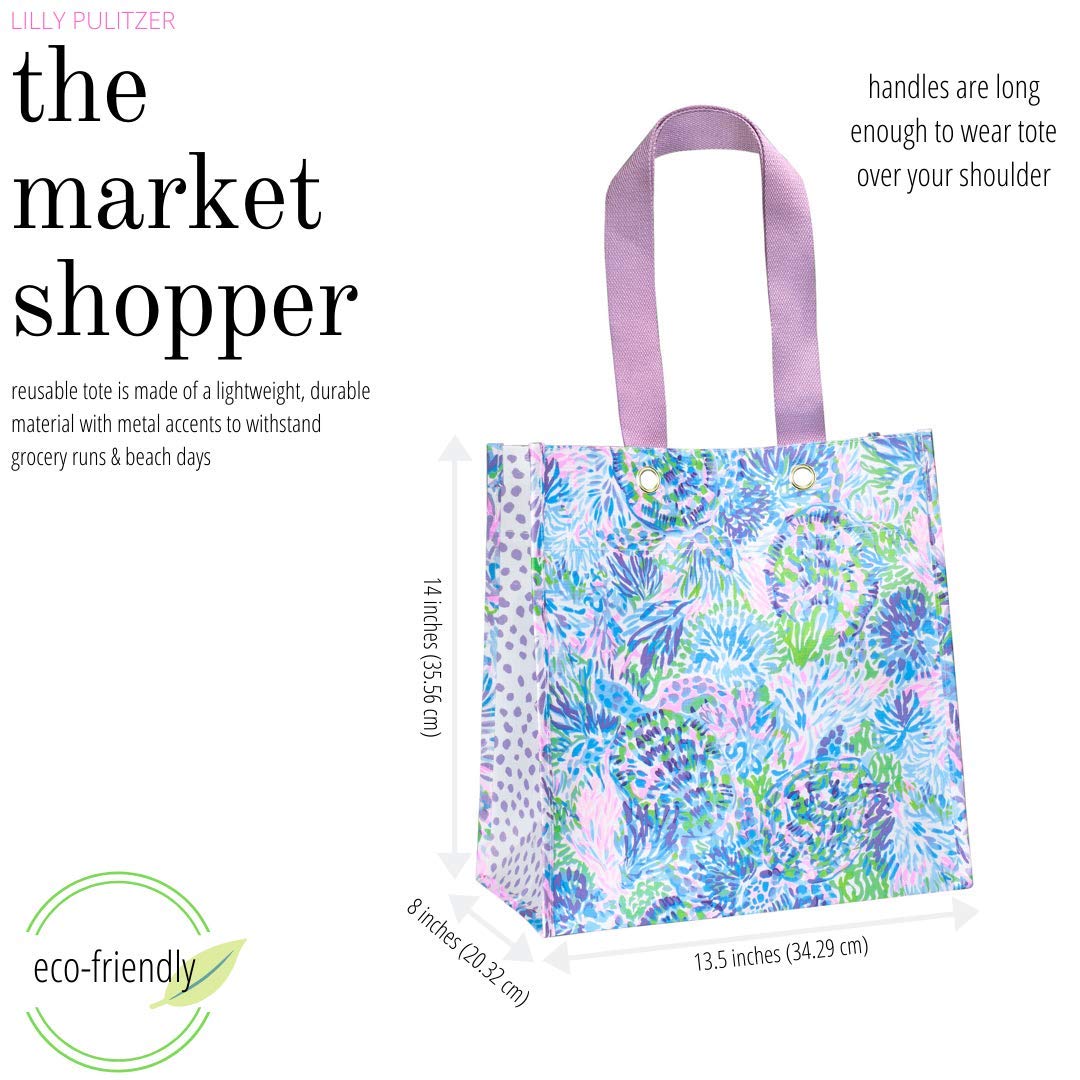 Lilly Pulitzer Purple/Blue Market Shopper Bag, Reusable Grocery Tote With Comfortable Shoulder Straps, Shell Of A Party
