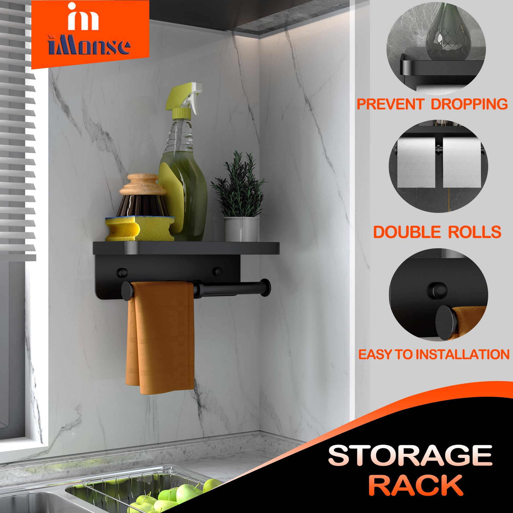 Double Toilet Paper Holder With Shelf, Imonse Paper Towel Holder Wall Mount,Tissue Roll Holder For Bathroom Kitchen Rv, Double T