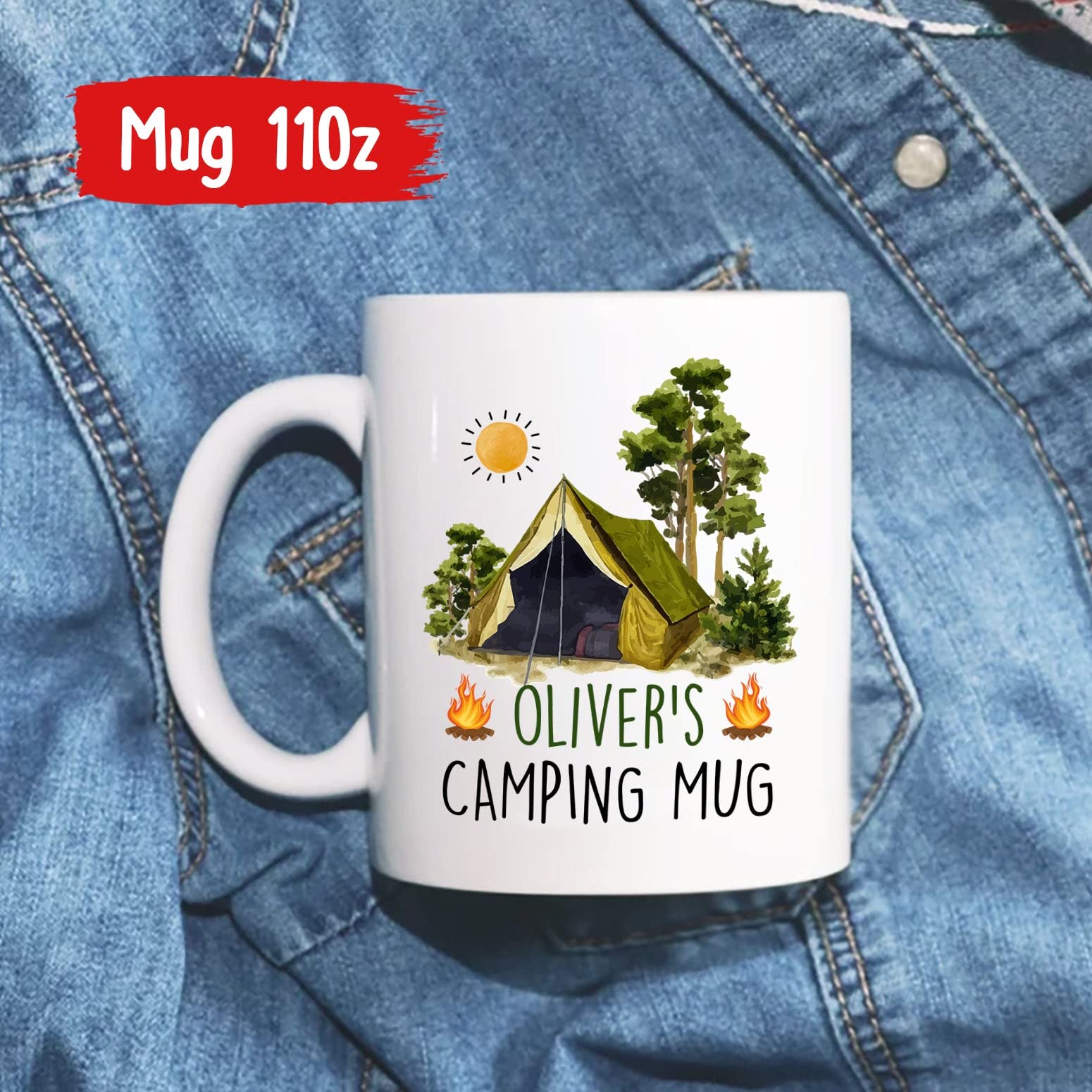 Personalized Camper Mug, Camping Enamel Mug, Camper Coffee Mug, Custom Camping Mug, Forest Camping Mug, Any Name Added To The De
