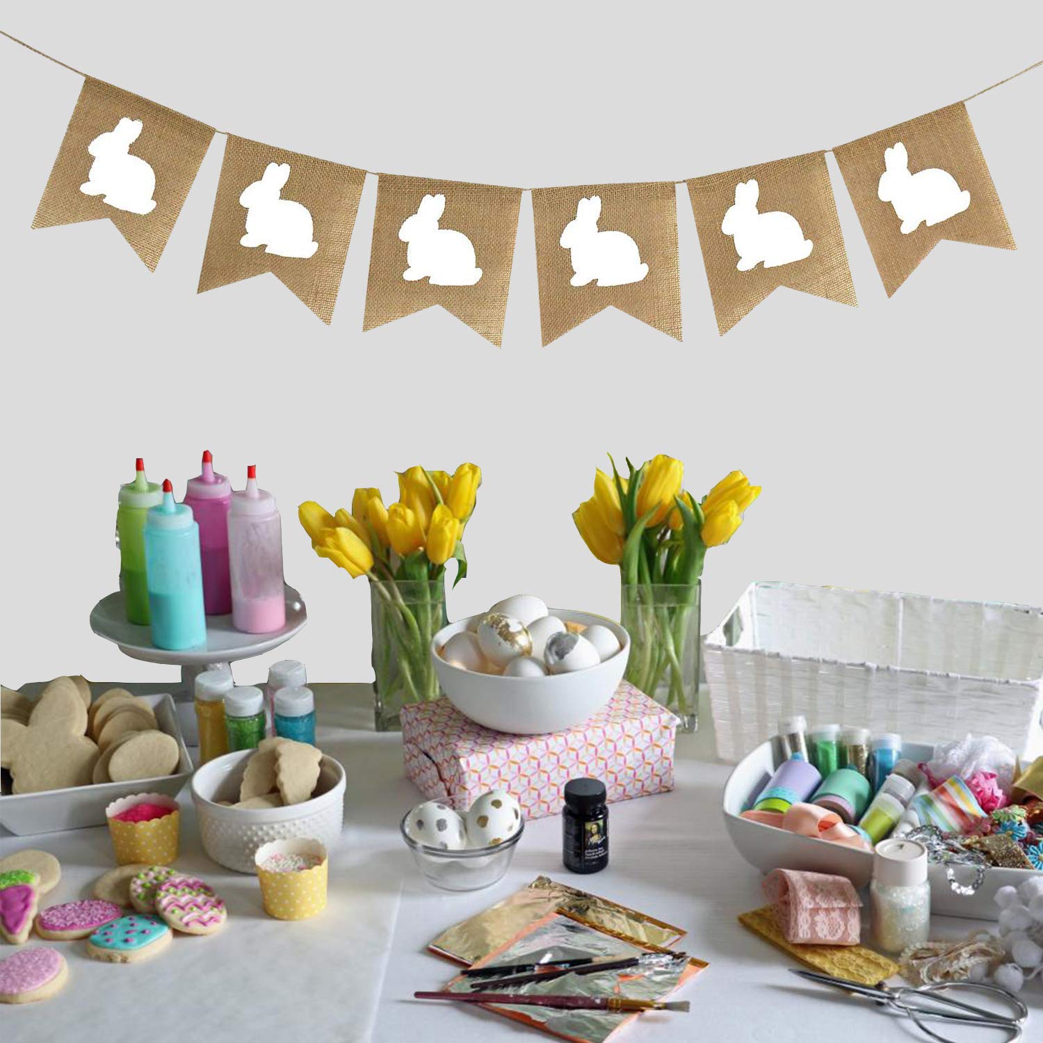 Partyprops Easter Burlap Bunny Garland | Burlap Rabbit Garland Banner | Easter Decorations | Rustic White Bunny Garland For Mant