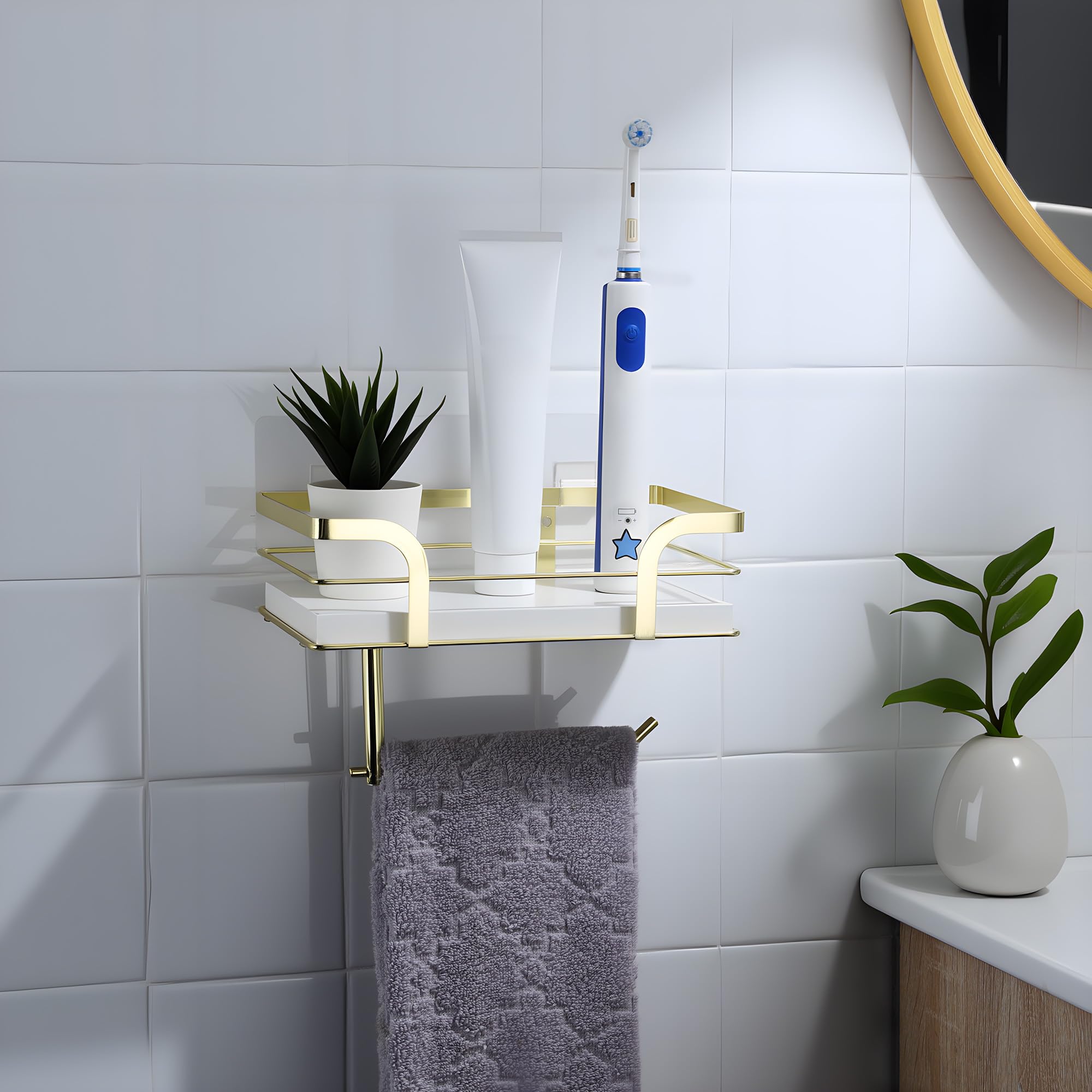 Toilet Paper Holder With Shelf - Toilet Roll Holder Modern Decor For Bathroom, White Wooden Shelf Without Drilling&Wall Mounted
