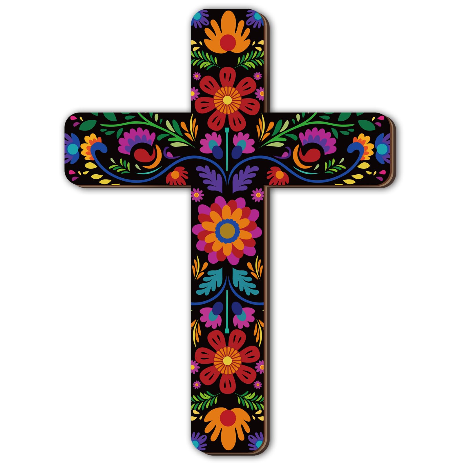 Floral Cross Wall Decor Hand Painted Decorative Inspirational Wooden Cross Spanish Style Wall Cross Mexican Art Wall Decor Mexic