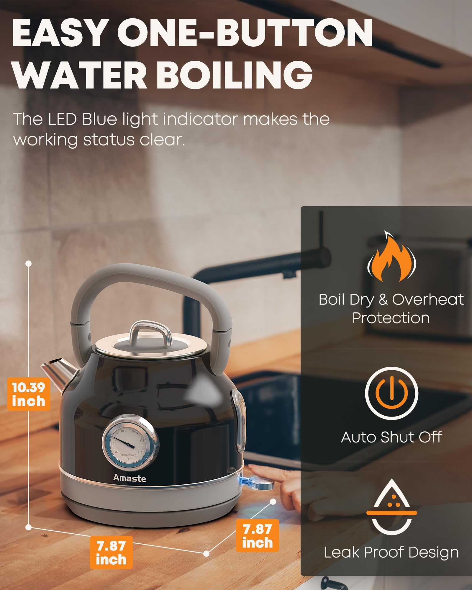 Amaste Electric Kettle, Retro Electric Tea Kettle With Thermometer, 57 Oz Hot Water Kettle For Coffee & Tea, 304 Stainless Steel