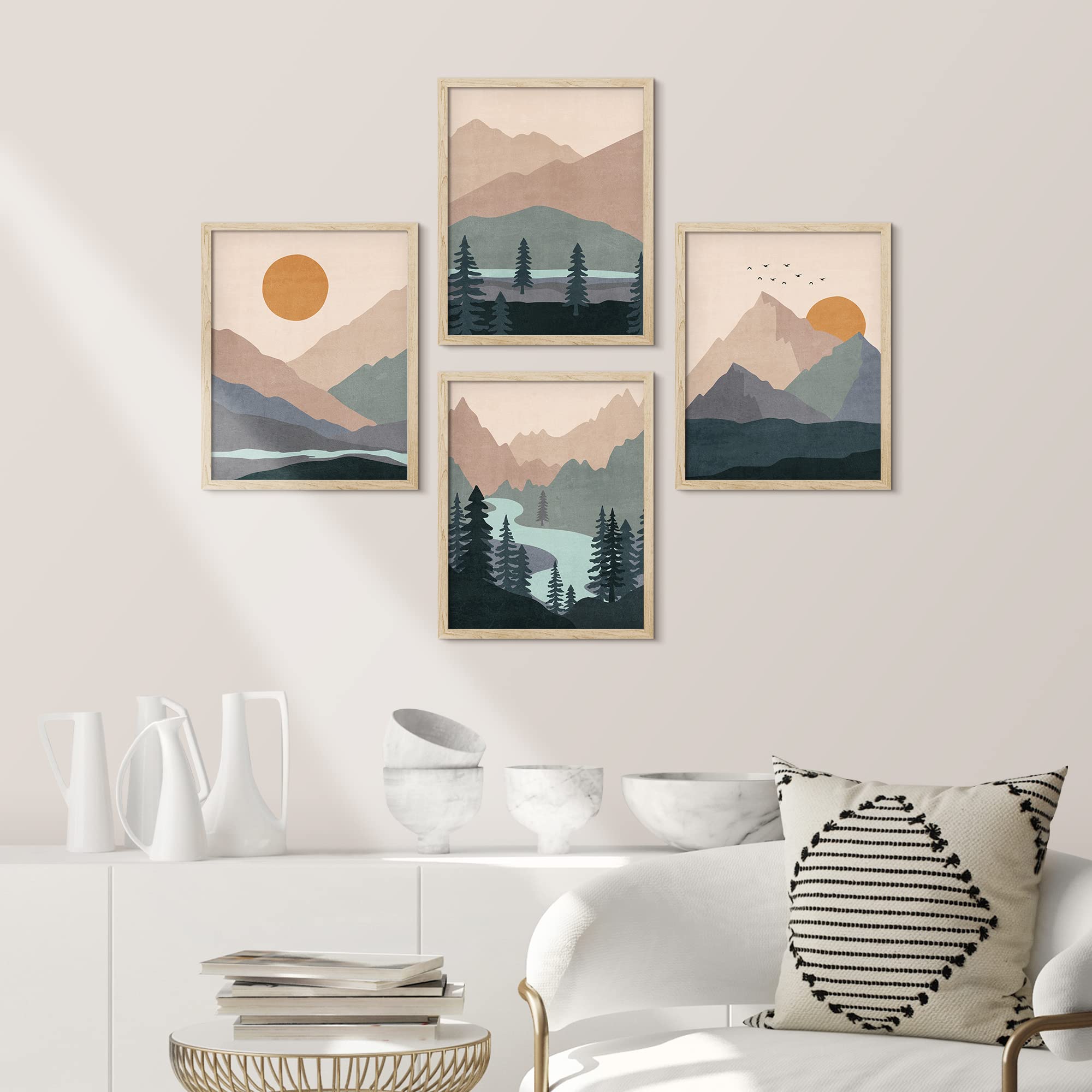 Signwin Framed Teal Orange Mountain Forest River Wall Art, Set Of 4 Landscape Wall Decor Prints, Wilderness Nature Wall D  Cor F