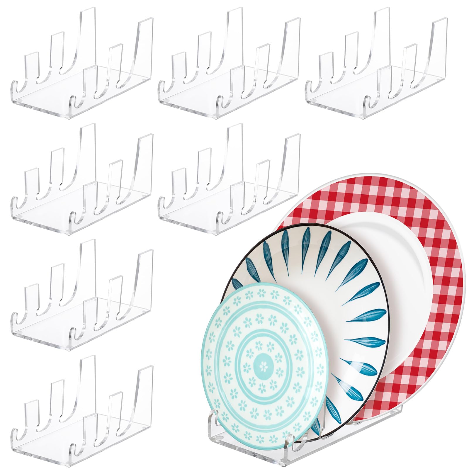 Wenqik 8 Pcs 3 Tier Plate Dinnerware Display Stand Acrylic Plate Stands for Clear China Platters Holders Racks for Display Place