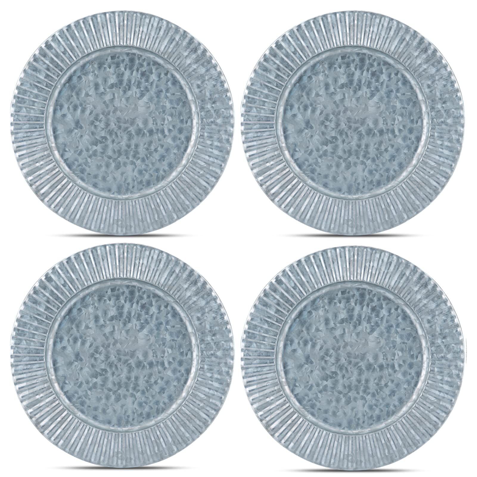 Koxin-Karlu 4-Piece Ruffled Galvanized Charger Plates, 13-Inch Steel Charger Plates Silver Dinner Plate Chargers Round Server Wa