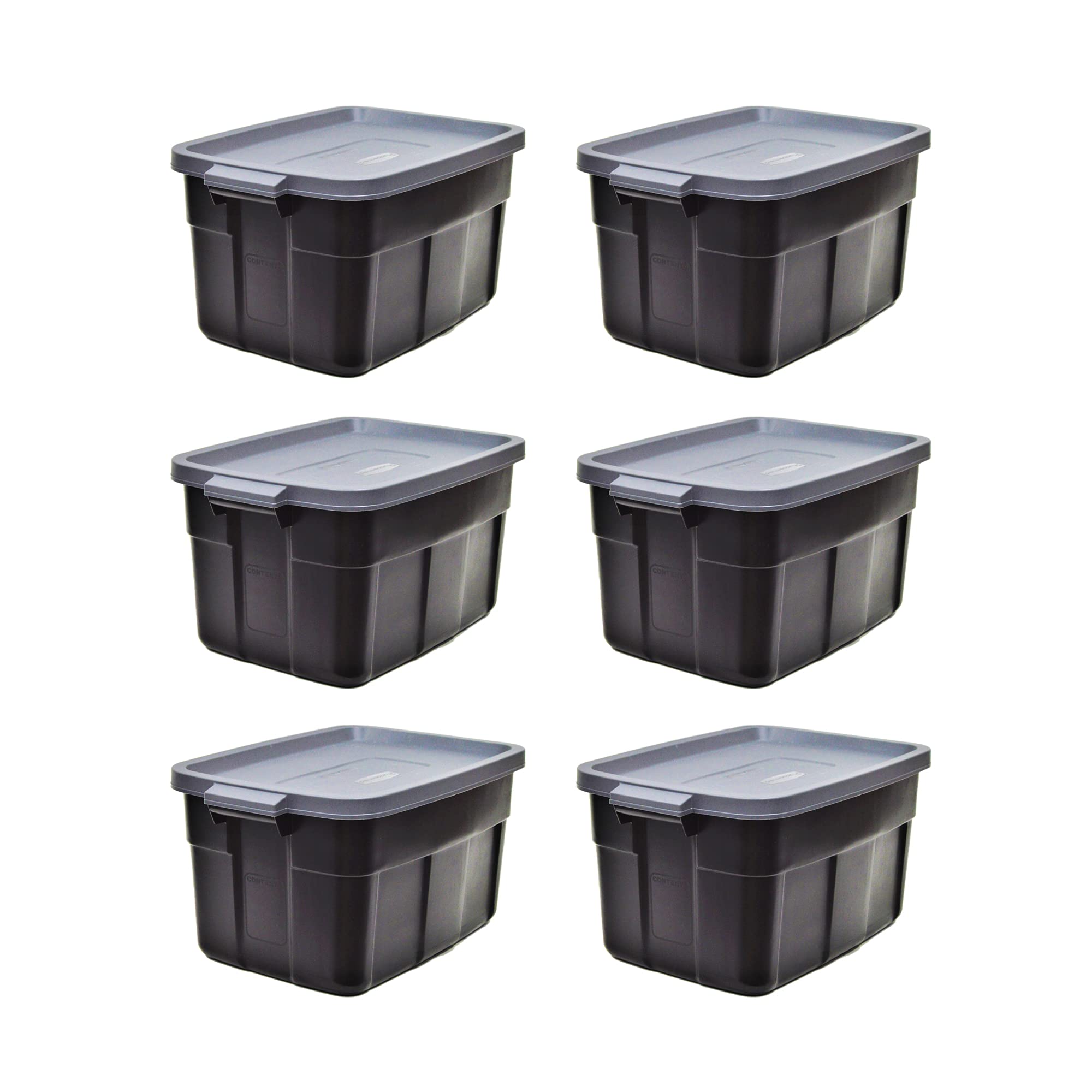 Rubbermaid Roughneck Tote 14 Gal, 6 Pack, Made In Usa, Black & Gray, Rugged Plastic Stackable Storage Bins With Lids And Handles
