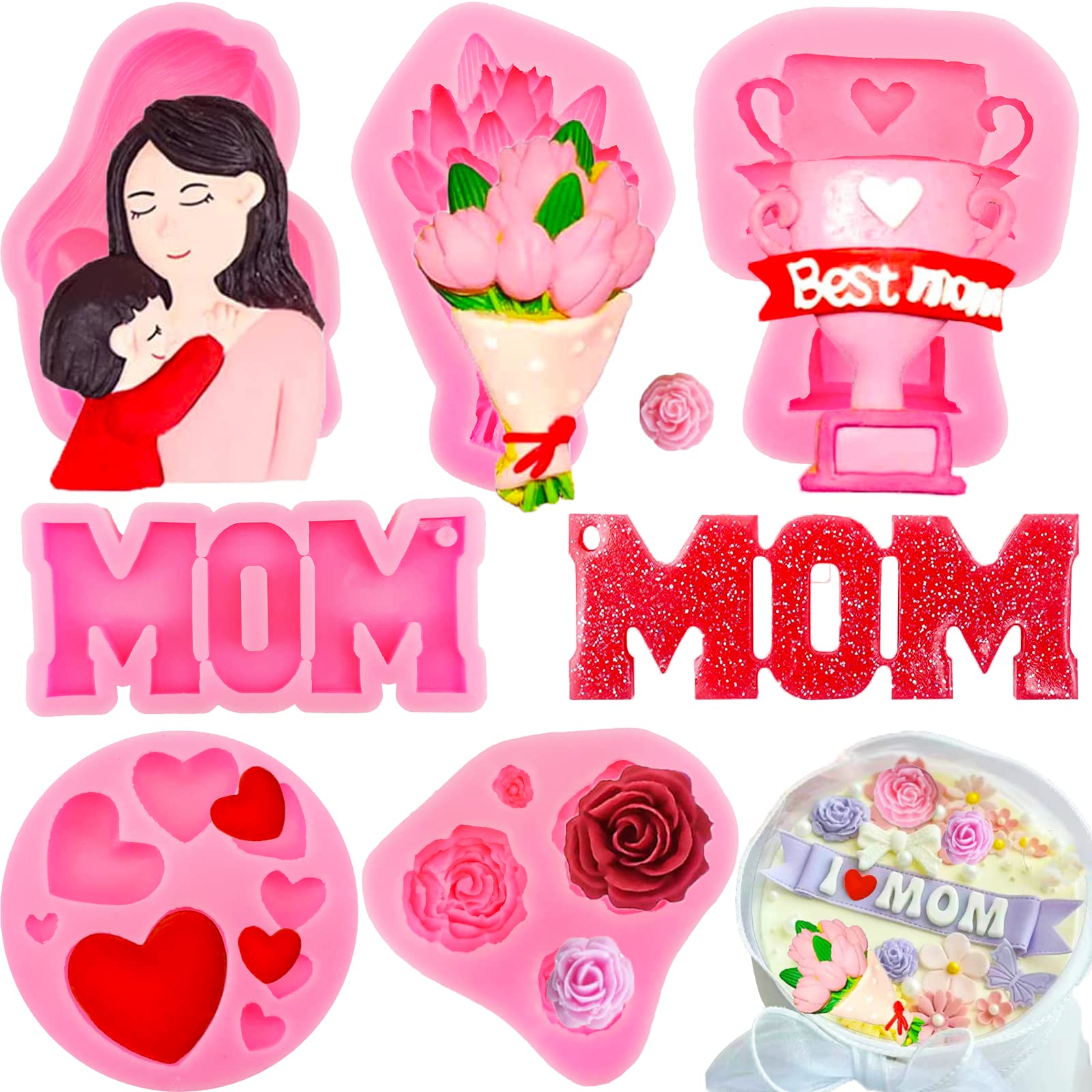 6Pcs Mother'S Day Fondant Mold Mom Word Silicon Mold Best Mom Chocolate Mold Rose Tulip Flower Heart Shape Molds Mother And Chil