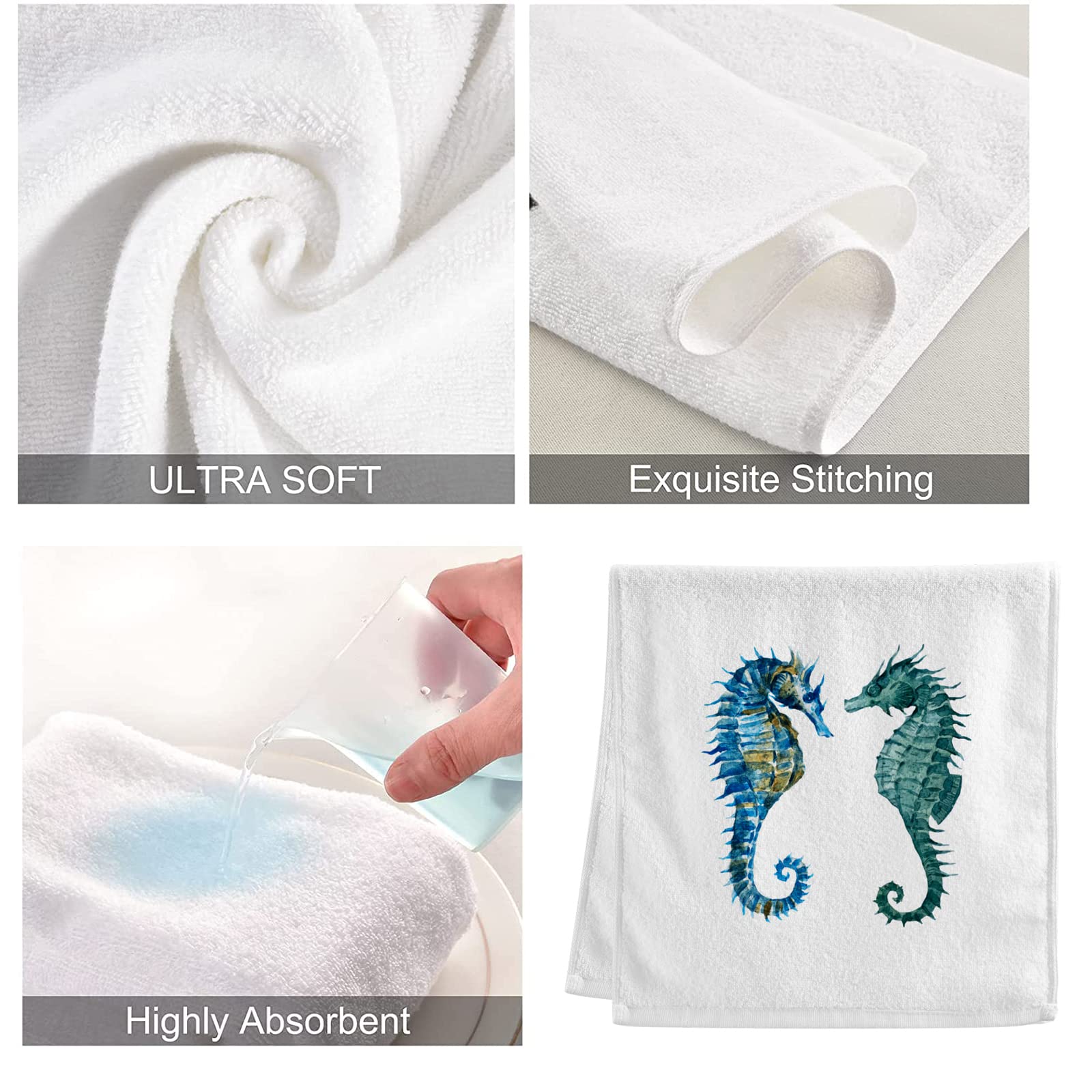 Alaza Ocean Seahorse Hand Towels For Bathroom Set Of 2,Coastal Beach Decorative Finger Towel 100% Cotton Soft Absorbent Face Tow