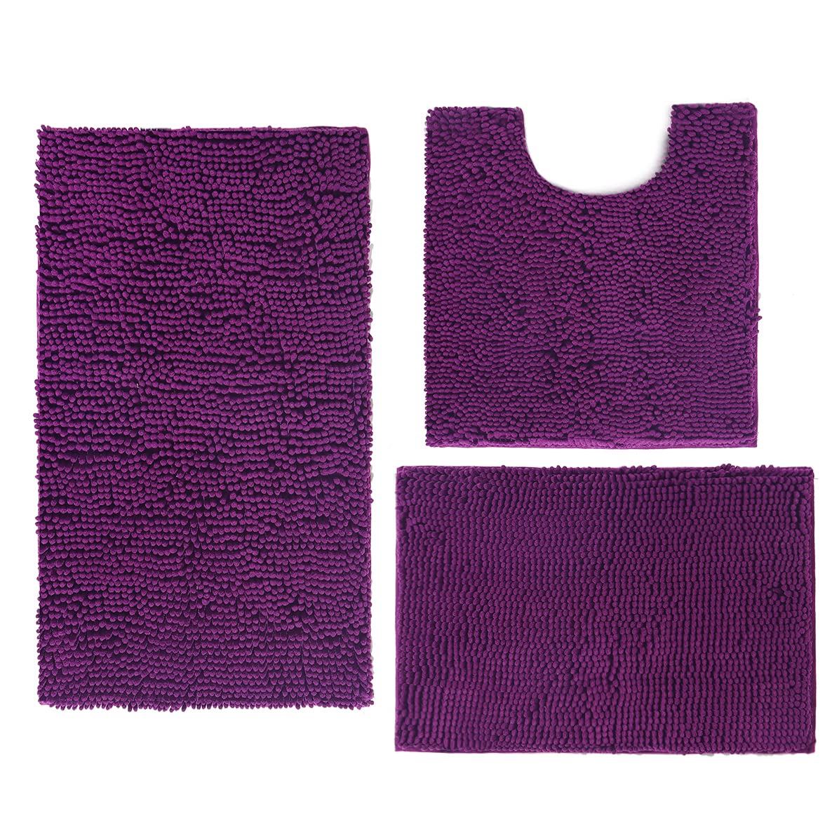 Madeals Bath Rug Set 3 Piece Bathroom Contour Rugs Combo, Soft Shaggy 2 Piece Bath Shower Mat And U-Shaped Toilet Floor Rug Purp
