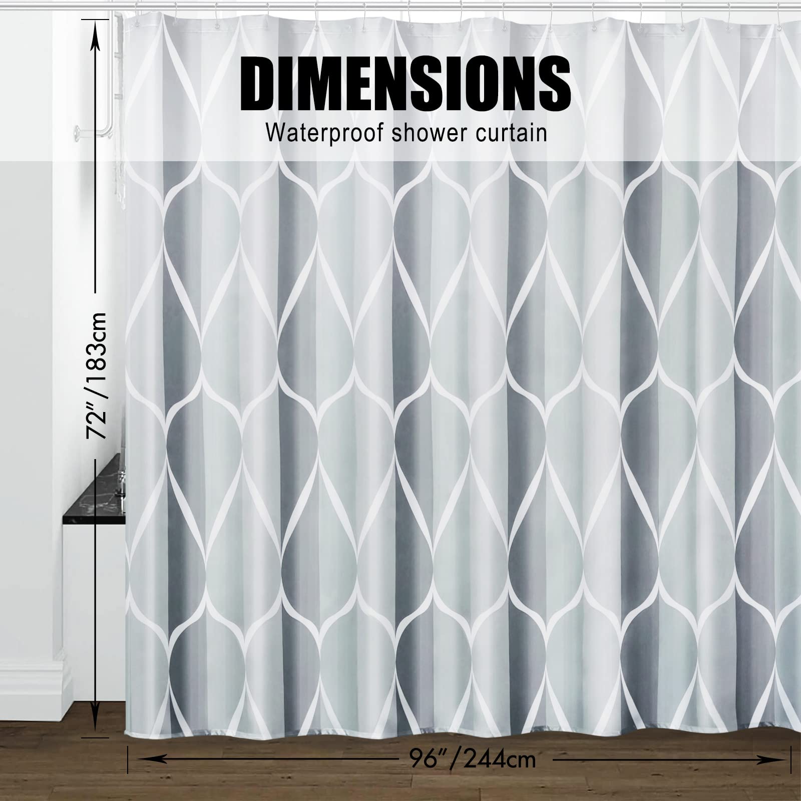 Gelbchu Grey Geometric Shower Curtain,Waterproof Design And Polyester, Quick-Drying,Weighted Hem,Extra Wide Size Shower Curtains