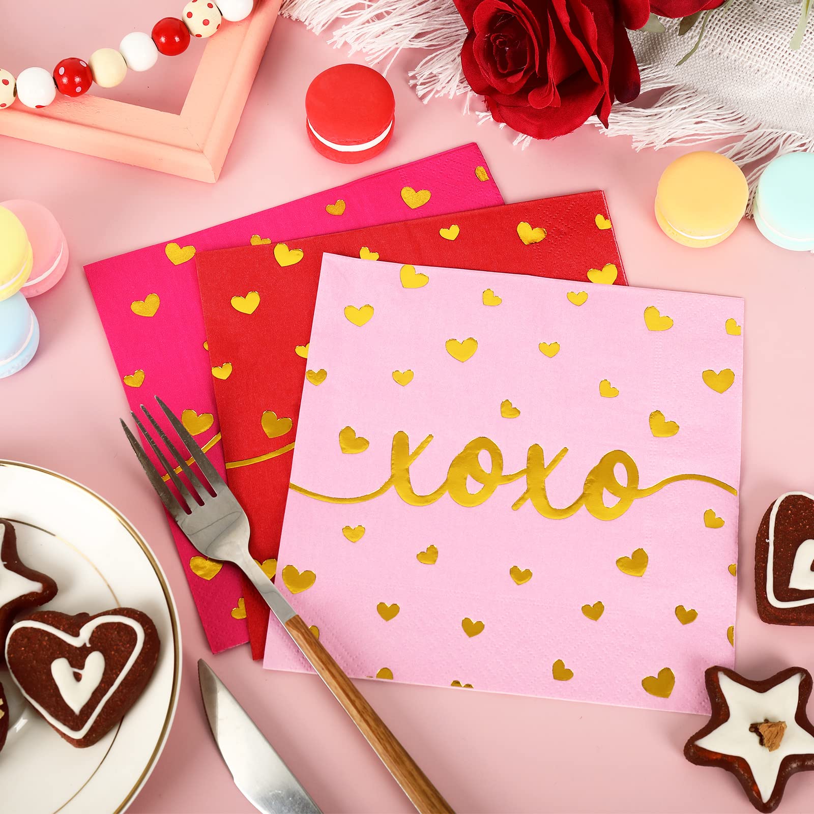 Whaline 75 Pack Valentine'S Day Napkins 6.5 X 6.5 Inch Red Pink Gold Foil Dinner Napkins Love Xoxo Kisses Valentines Disposable